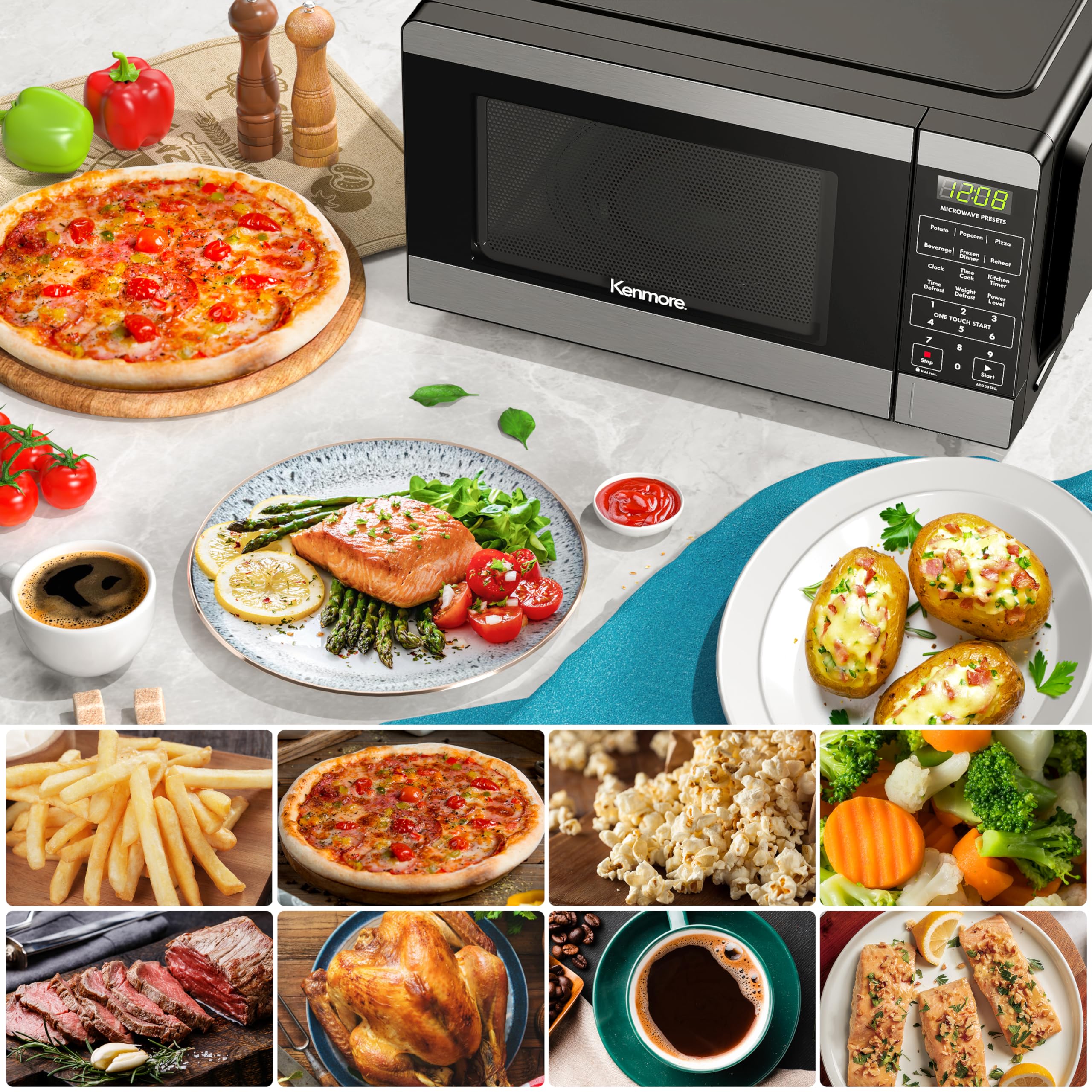 Kenmore KMCMV207S2-07 0.7 Cu Ft Stainless Steel Countertop Microwave with 6 Auto-Preset Menus, Child Lock, Defrost & Express Cooking - Perfect for Small Kitchens, Dorms & Office Break Rooms