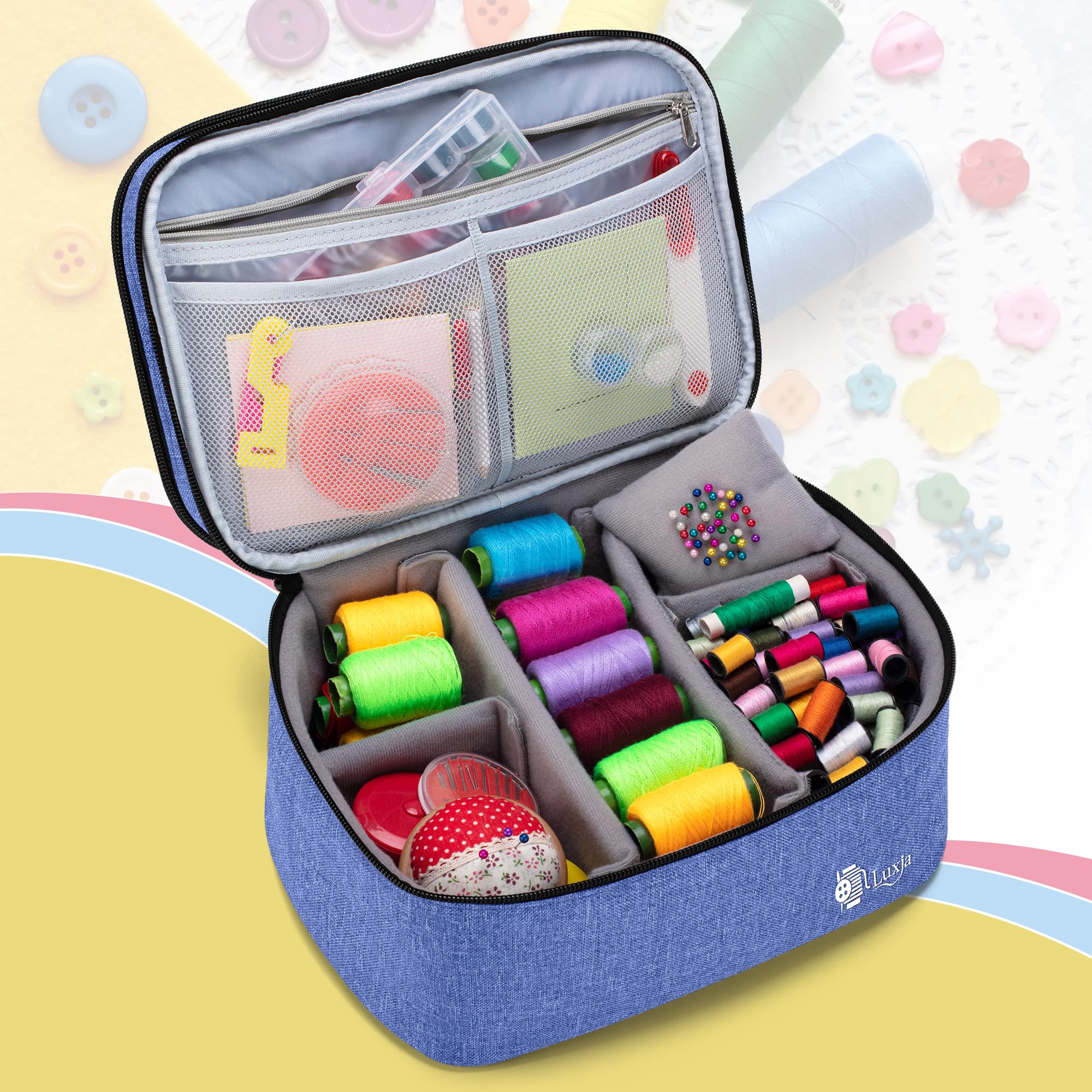 Luxja Double-Layer Sewing Accessories Organizer - Large Dark Blue Storage Case for Needles, Thread, Scissors, Measuring Tape & Sewing Tools | Perfect for Home Sewing, Quilting & Craft Projects