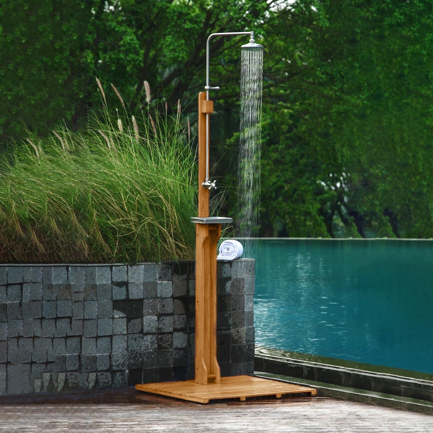 Premium Teak Wood Outdoor Pool Shower - Cambridge Casual Dussi Natural Teak Shower for Backyard, Patio & Garden - Perfect for Beach Houses, Resorts & Poolside Use