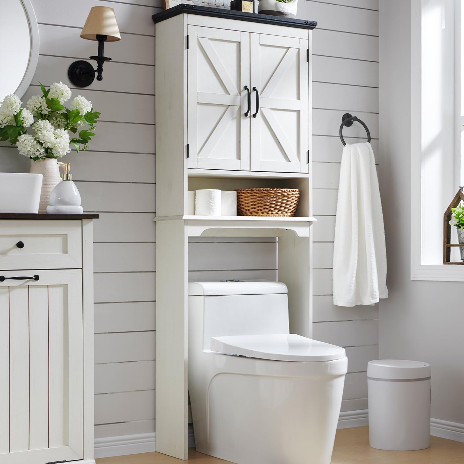 Farmhouse Style Over The Toilet Storage Cabinet with Adjustable Shelf & Barn Door - 67
