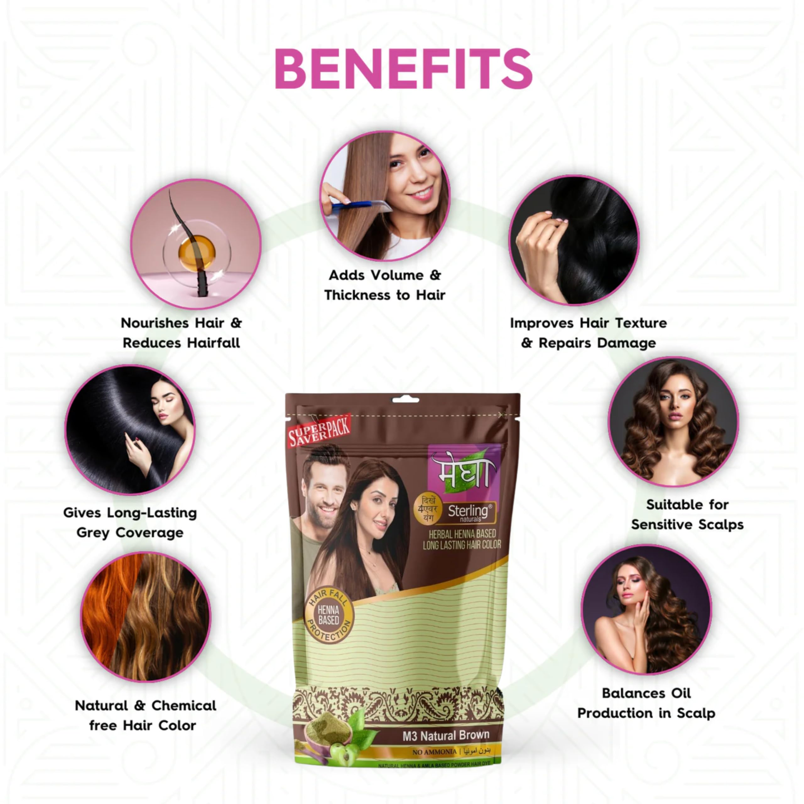 Sterling Naturals Megha Mehandi Natural Brown Henna Hair Dye for Women - 100% Organic, Chemical-Free, Ammonia-Free Hair Color - Pack of 3 (45g Each) - Perfect for Gray Coverage, Hair Conditioning & Natural Looking Color at Home