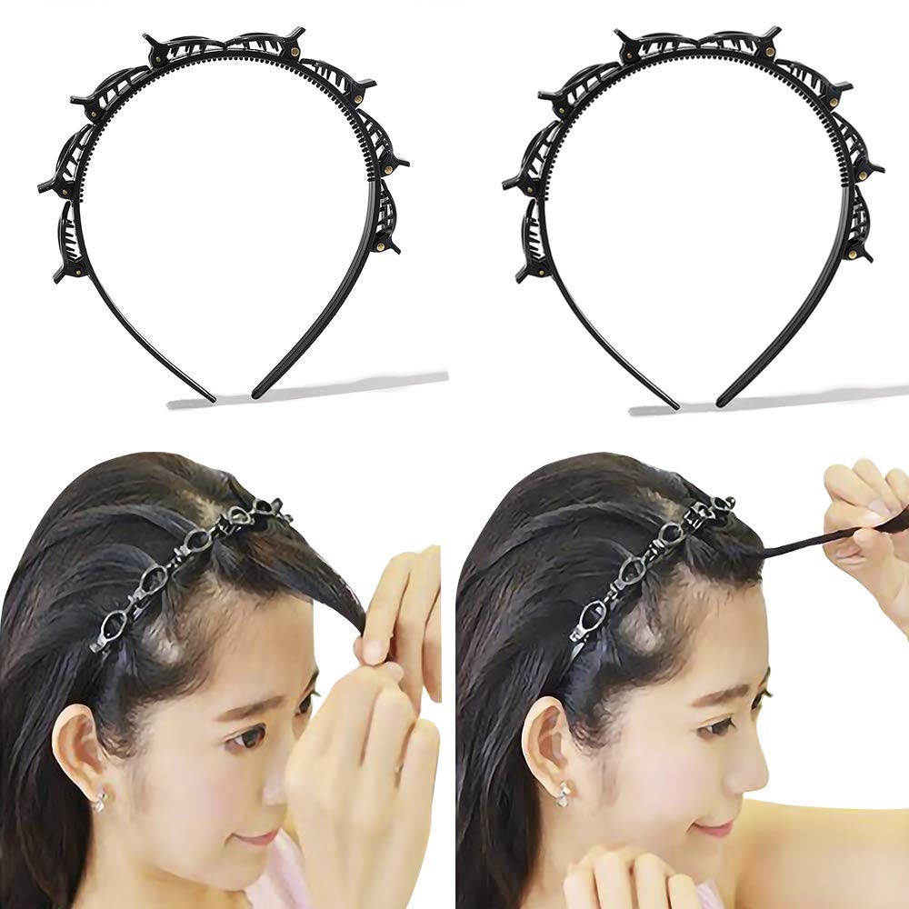 Women's Fashion Headbands with Clips - Thin Plastic Braided Twist Hair Accessories for Workout, Sports & Daily Use | Double Layer Hair Tools for Girls & Women | Black