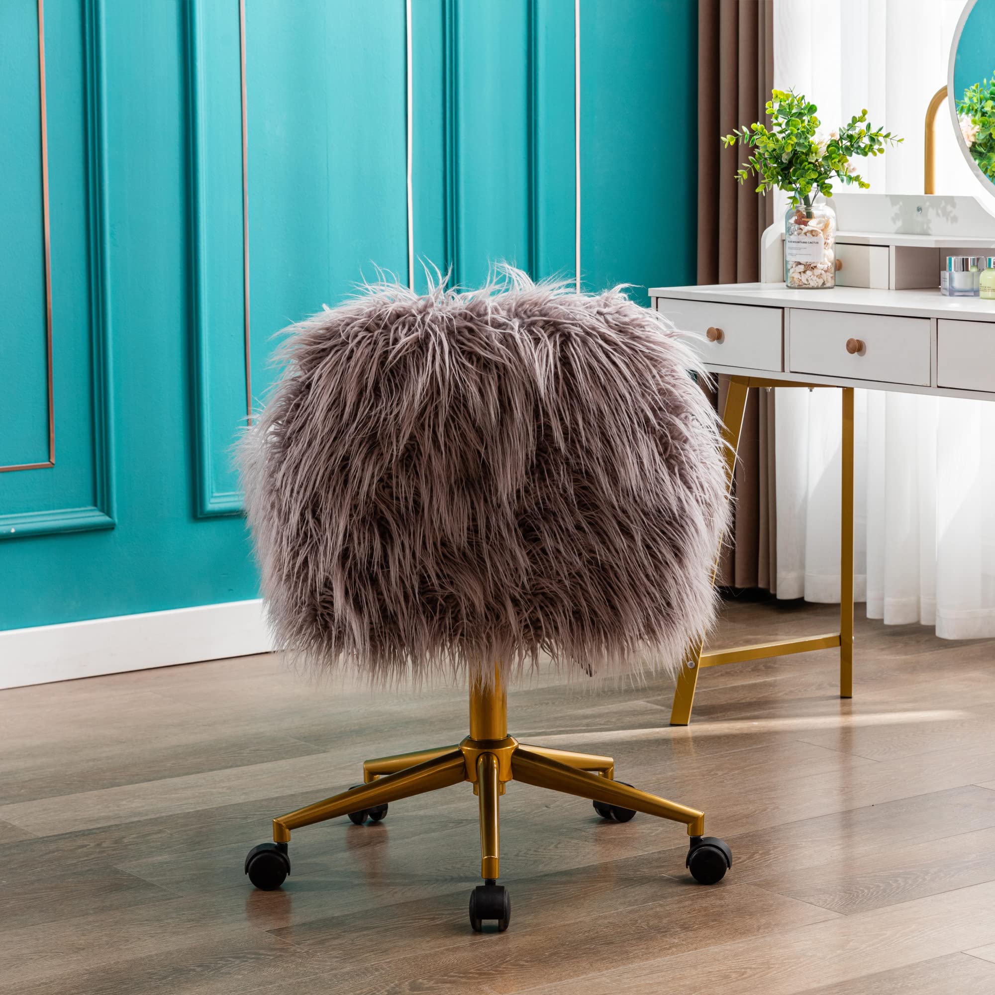 WILLIAMSPACE Fluffy Grey Fur Office Chair for Women - Rolling Swivel Vanity Chair with Arms for Workstations, Computer Desk & Home Office | US Stock Fast Shipping | Perfect for Work, Gaming & Makeup Dressing Table