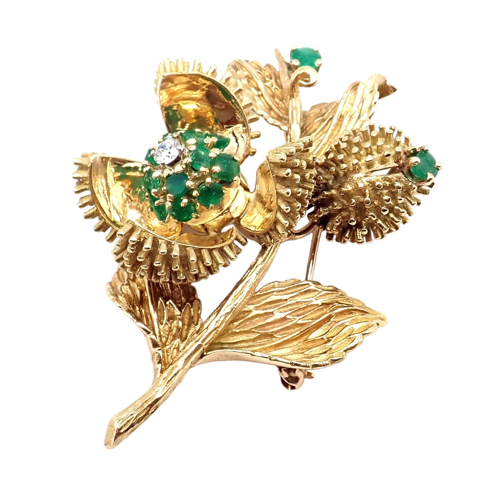 Tiffany & Co 18k Yellow Gold Diamond and Emerald Flower Night & Day Brooch Pin - Vintage Luxury Jewelry for Women, Perfect for Special Occasions & Evening Events