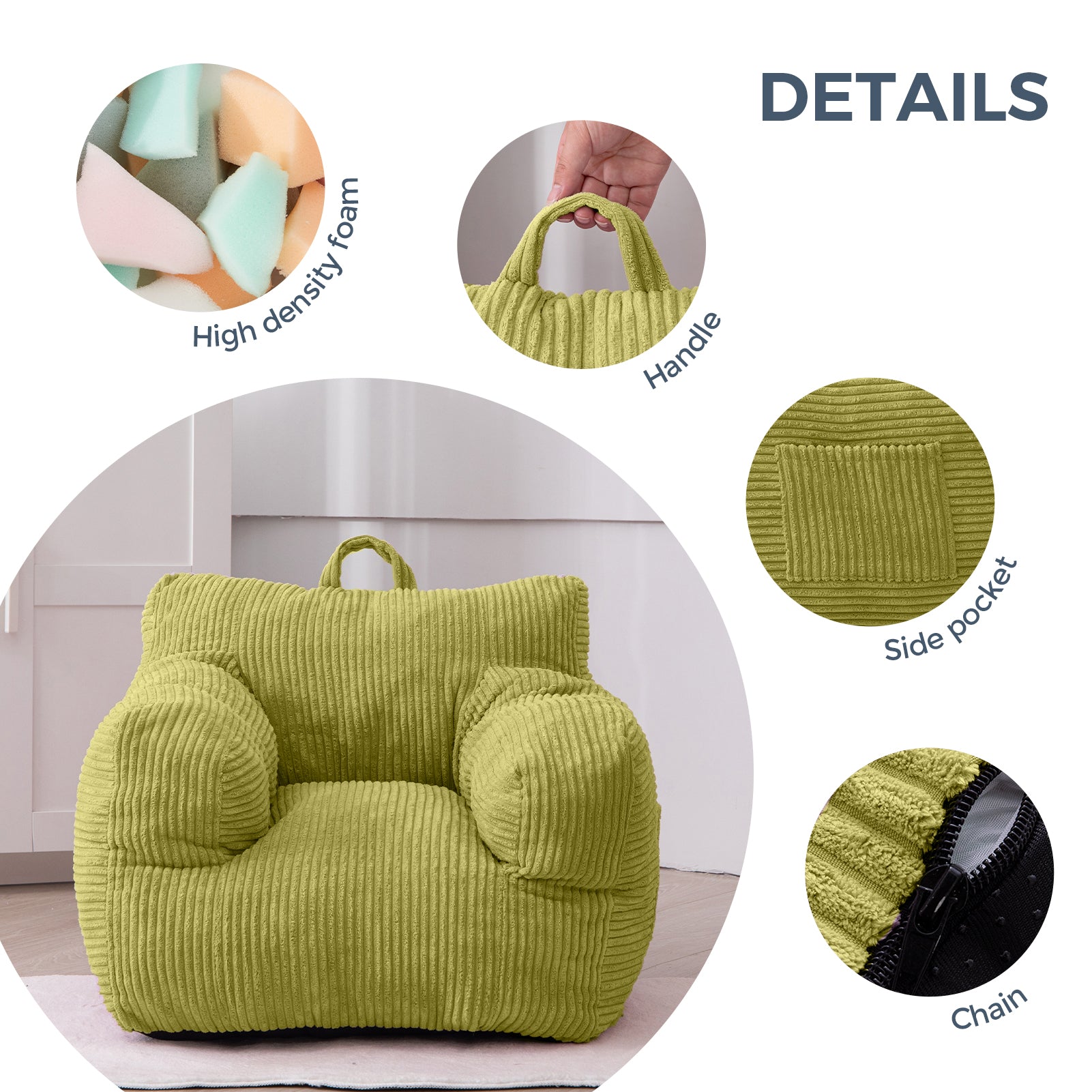 MAXYOYO Kids Bean Bag Chair - Soft Corduroy Bean Bag Couch with Armrests for Children's Bedroom, Playroom & Dorm (Green) - Perfect for Reading, Gaming & Relaxing