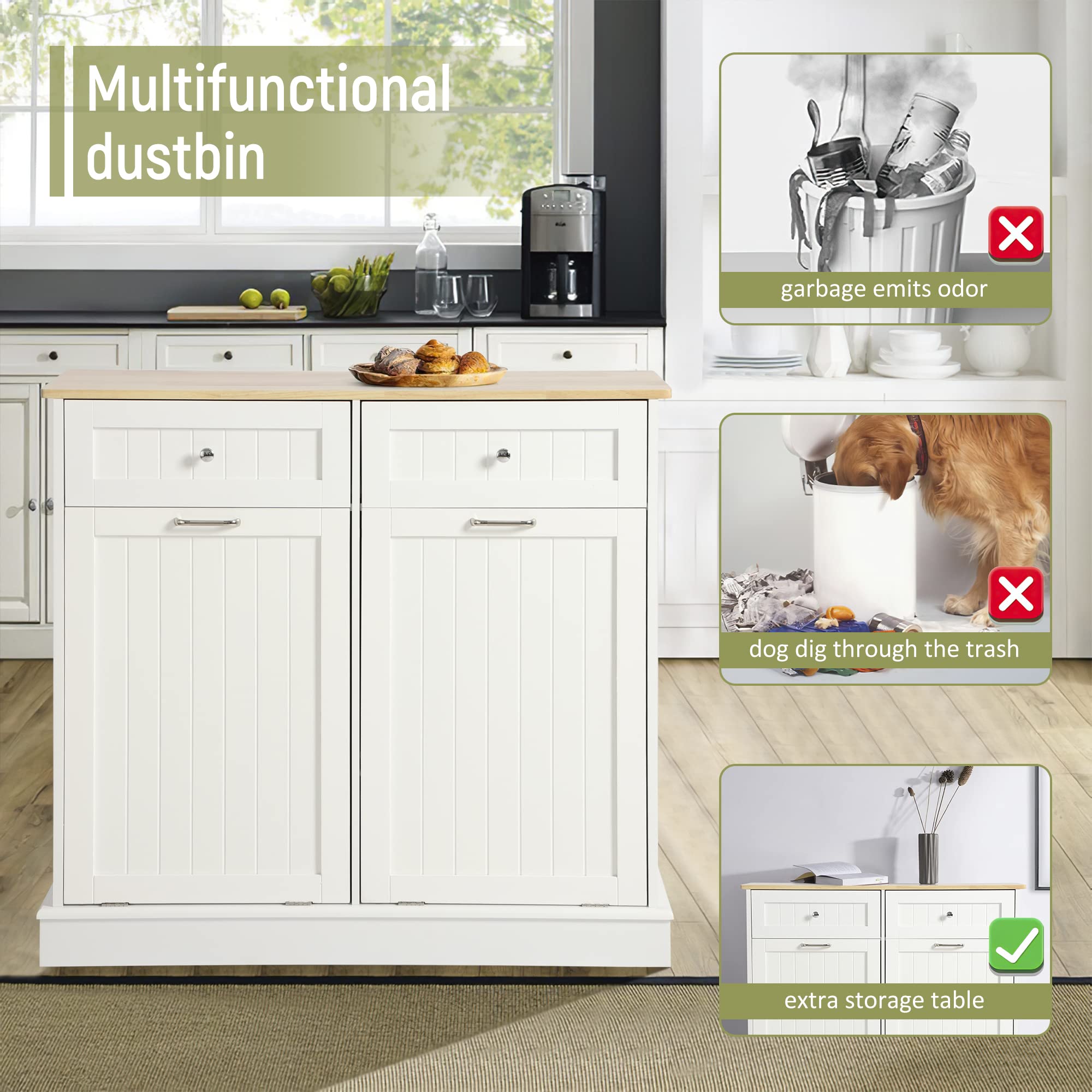 White Wooden Tilt-Out Trash Can Cabinet with Double Hidden Trash Bin Holder - Free Standing Kitchen Recycling Storage Organizer, Dog-Proof Garbage Can for Home & Office Use