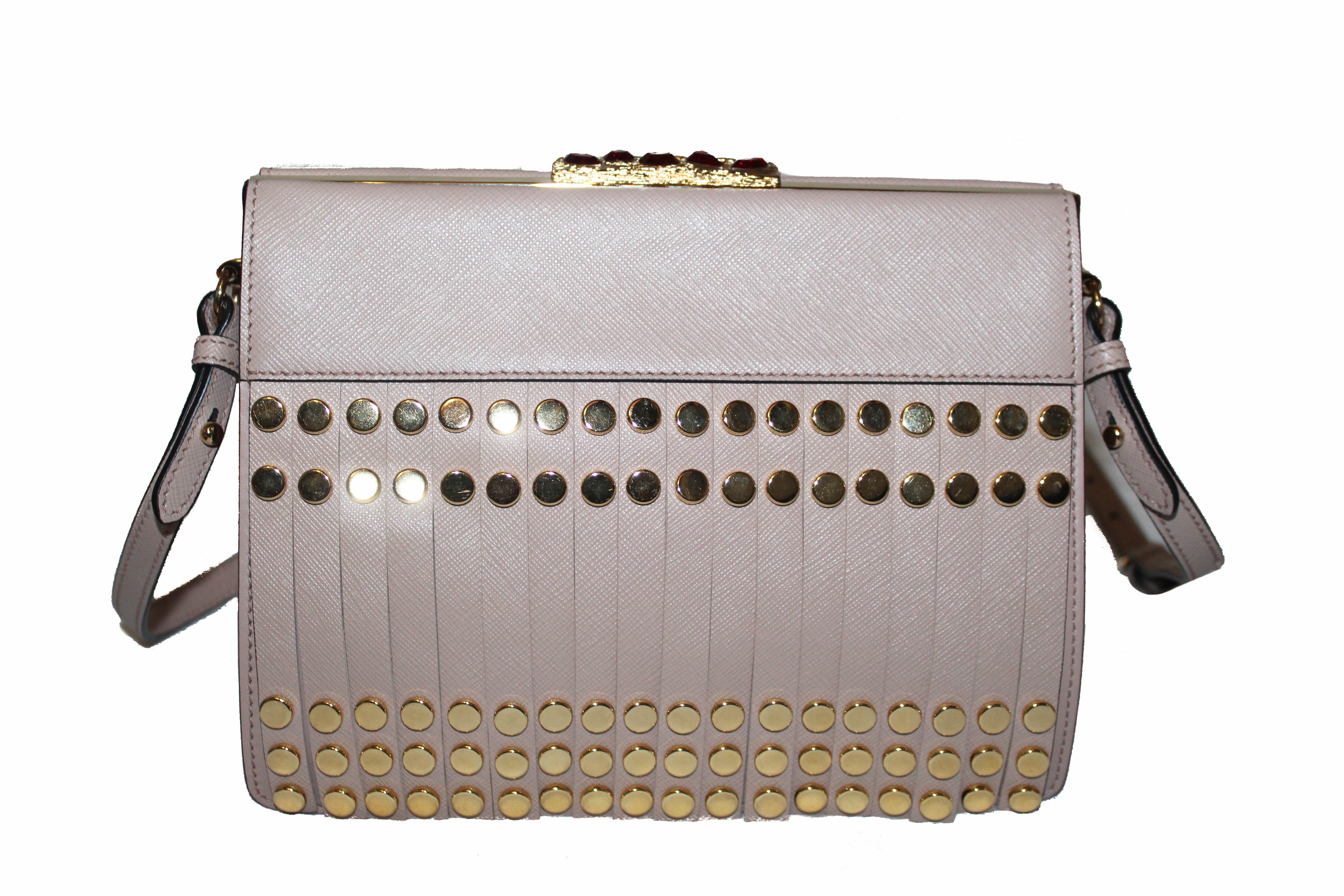 Authentic Prada Beige Blush Saffiano Leather Bag with Fringes & Studs - 1BC046 | Luxury Designer Handbag for Women, Perfect for Work, Evening Events & Travel