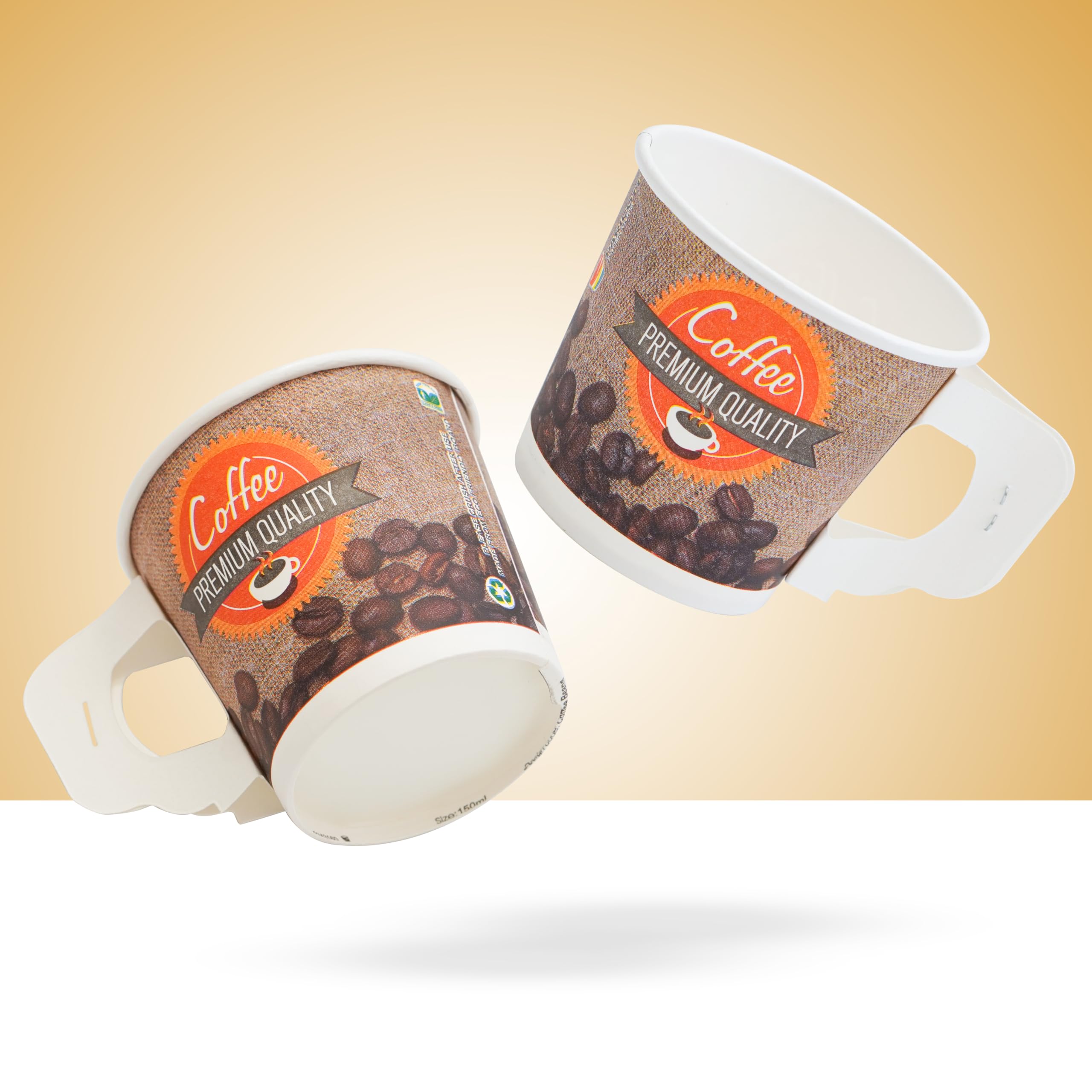 PARICOTT - 100 Pack Disposable Coffee Cups 150ml, Printed Paper Tea/Coffee Mugs, Eco-Friendly Recyclable Single-Use Drinkware for Office, Parties, Picnics & Catering Events - Multicolor Handle Cups