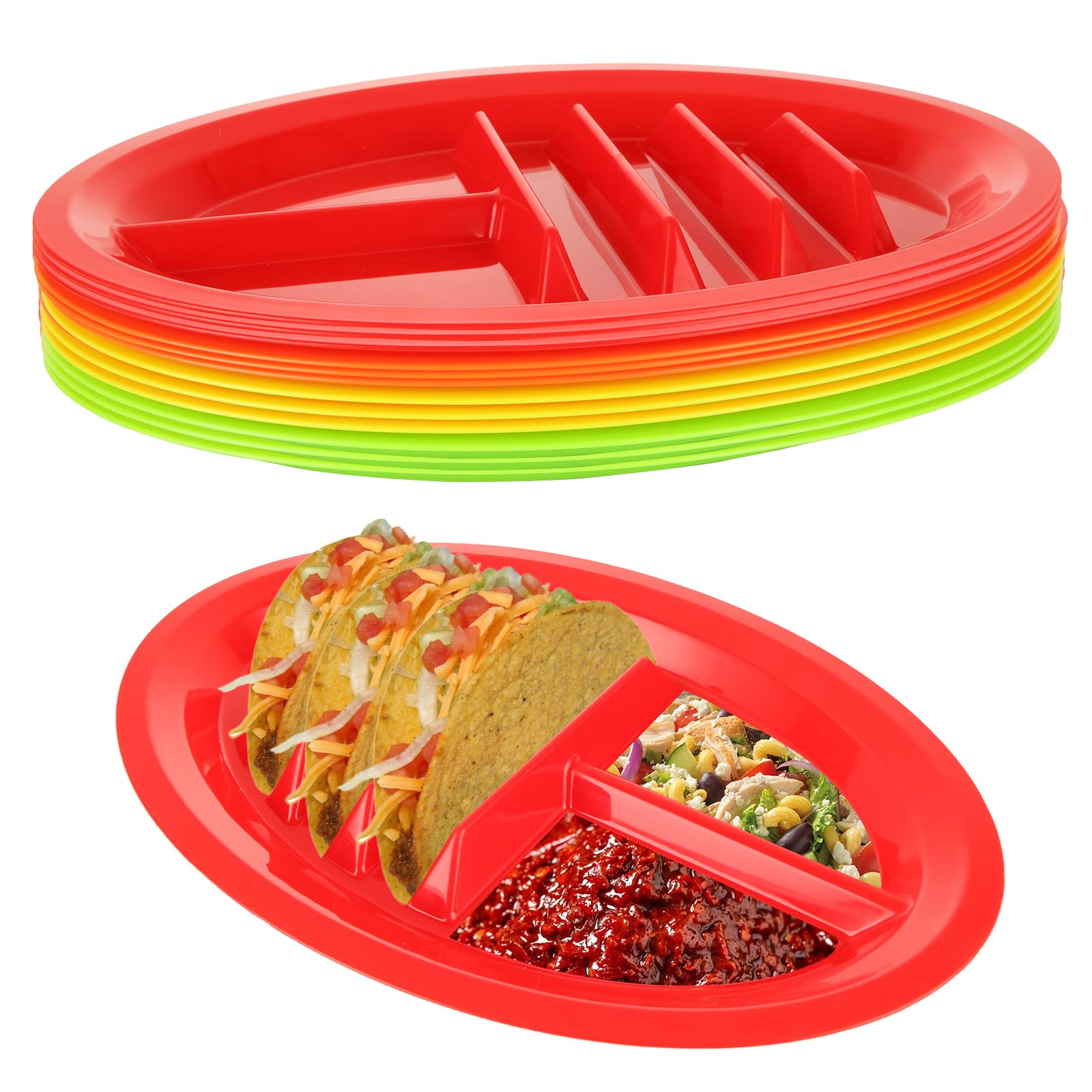 Acrux7 12-Pack Plastic Taco Plates with Dividers - Large Colorful Taco Holder Trays for Parties | Microwave & Dishwasher Safe | Holds 3 Tacos + 2 Dipping Areas | Perfect for Taco Tuesday, Cinco de Mayo, Family Gatherings & Outdoor BBQs
