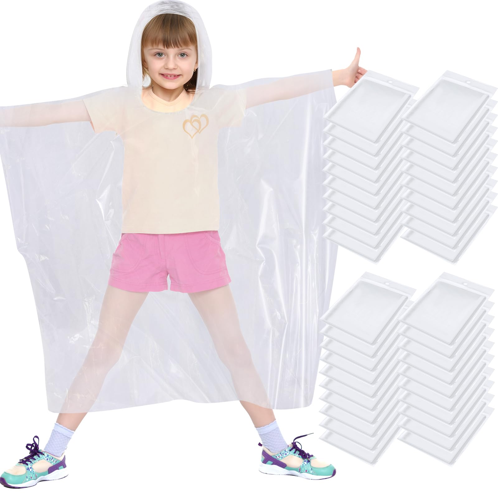 Hercicy 30 Pack Kids Disposable Rain Ponchos - Clear Bulk Emergency Raincoats for Boys & Girls - Perfect for Outdoor Events, Camping, Hiking & Theme Parks