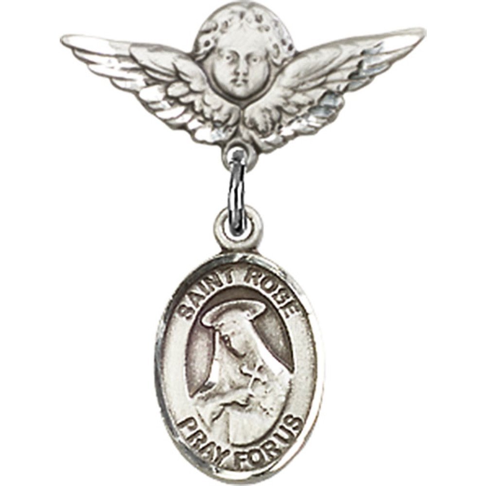 Sterling Silver Baby Badge with St. Rose of Lima Charm & Angel Wing Pin - 7/8