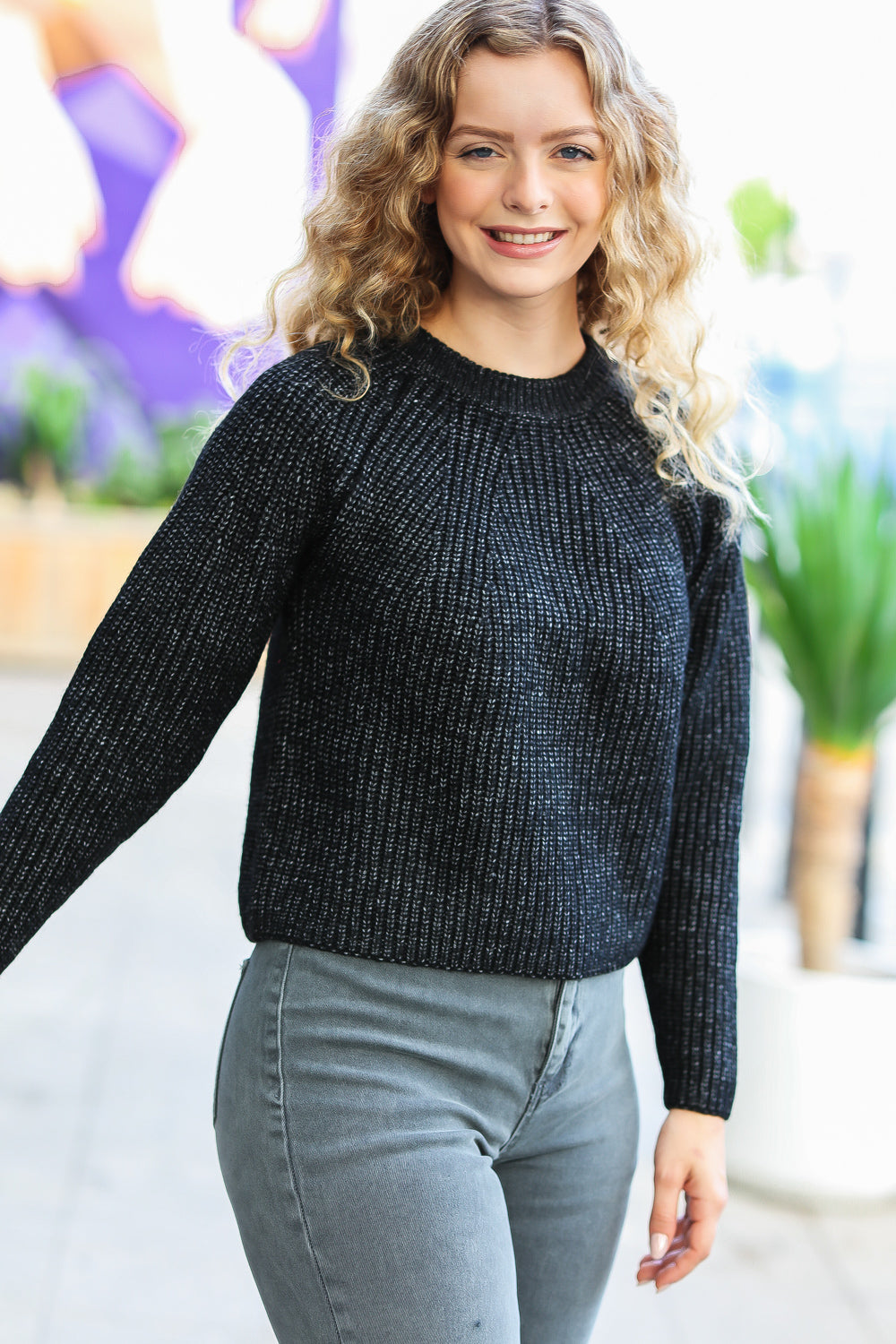 Black Mélange Round Neck Knit Sweater for Women - Soft Casual Pullover for Fall & Winter - Cozy Office Wear & Weekend Outfits