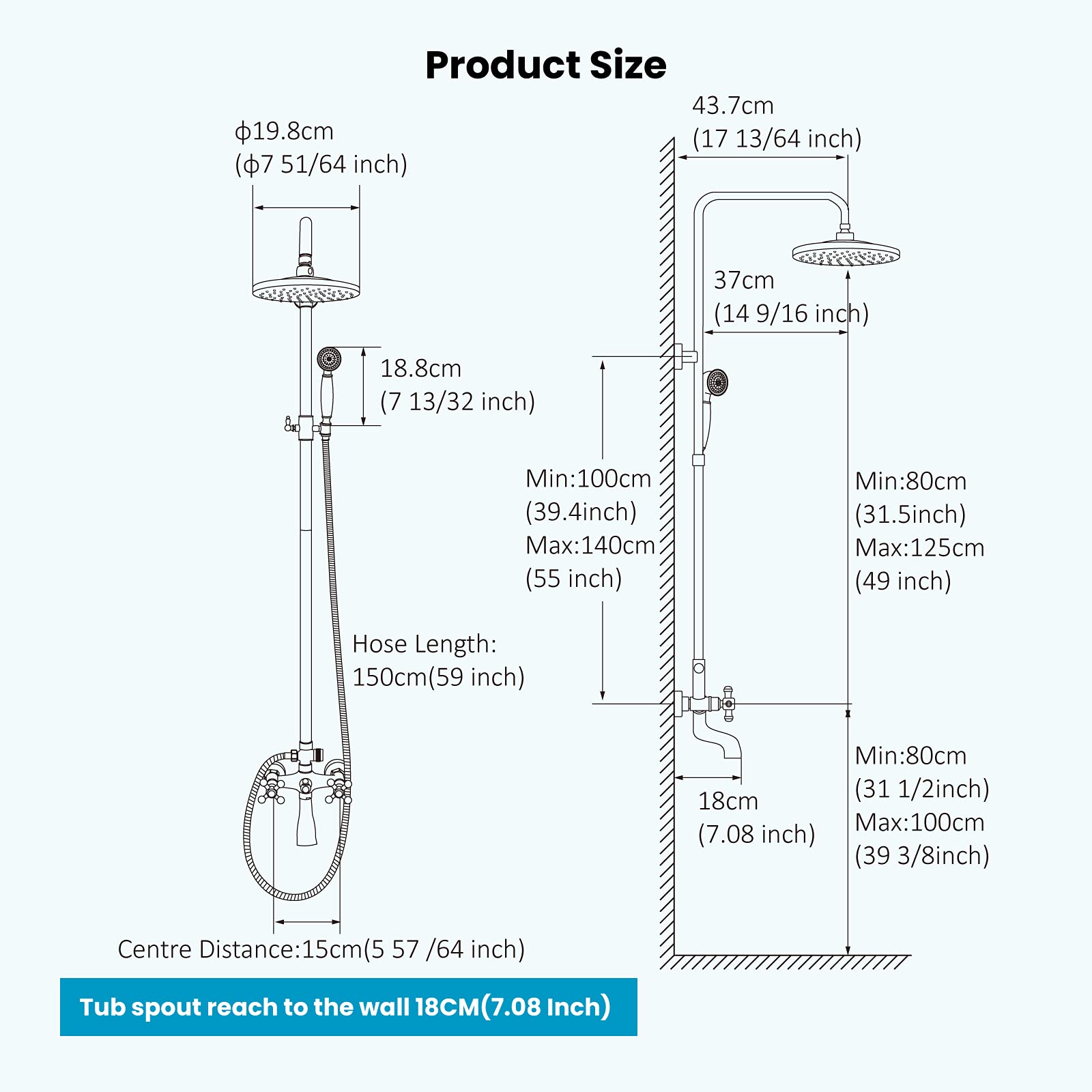 8 Inch Oil Rubbed Bronze Rain Shower System Set with Tub Spout - 2 Cross Handle Triple Function Shower Faucet & Matte Black 3-3/8