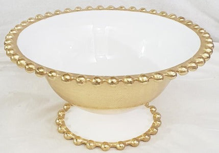 11.75x6 Inch Beaded Footed Bowl Round Gold and White - Elegant Serving Bowl for Parties, Weddings, and Home Decor