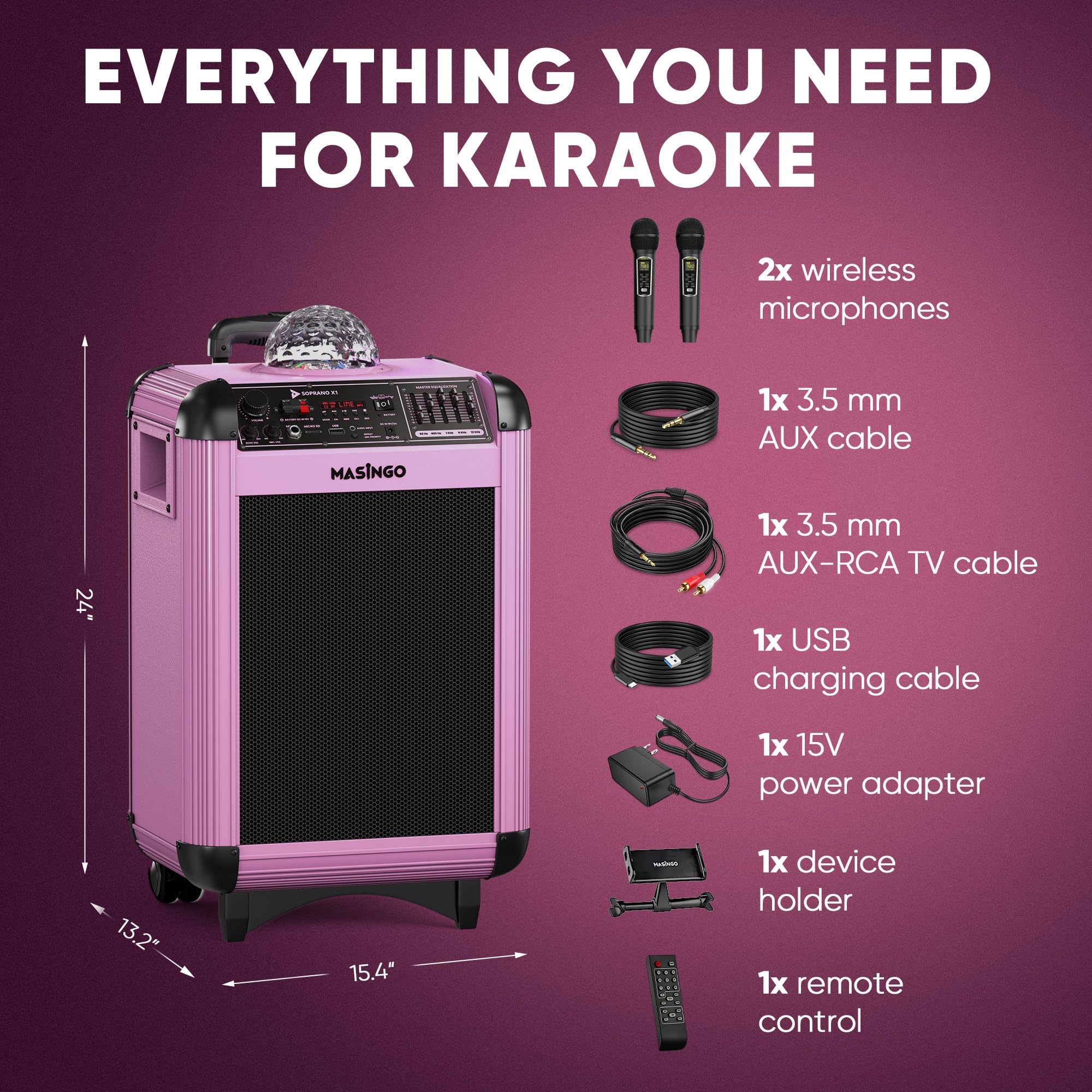 MASINGO X1 Karaoke Machine with Bluetooth Wireless Microphones - Portable PA Speaker System with Disco Lights, Lyrics Display & TV Cable for Home Parties, Family Gatherings & Kids Entertainment (Soprano X1 Model)