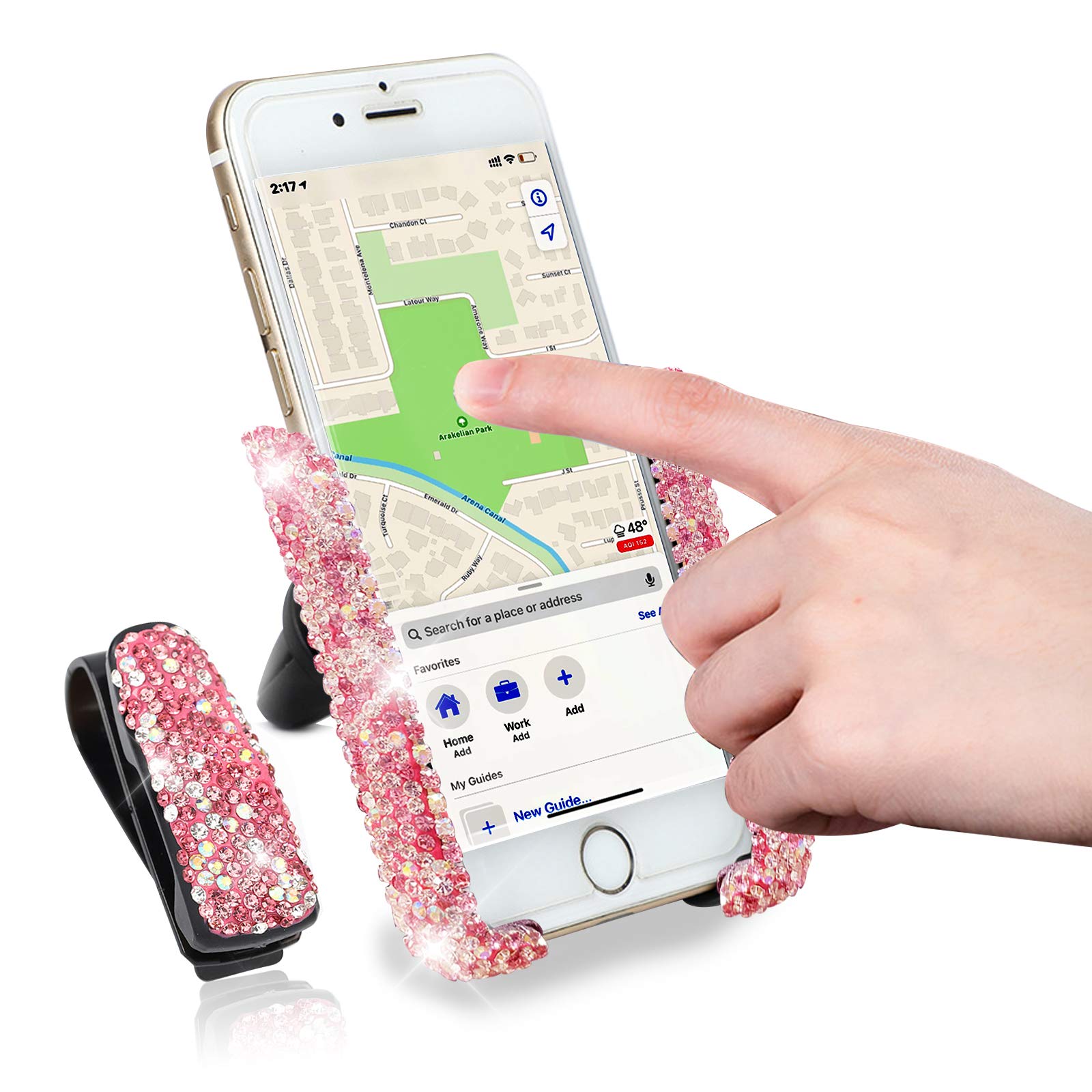 Sparkling Crystal Car Phone Mount with Free Sunglass Holder - Universal Dashboard, Windshield & Air Vent Phone Stand - Stylish Bling Car Accessories for Women (Pink) | Perfect for Commuting, Road Trips & Hands-Free Driving