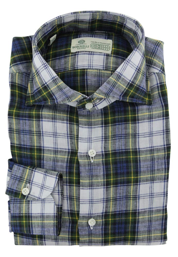 Luigi Borrelli Men's Dark Blue Plaid Linen Button Down Dress Shirt - 14.5/37 Neck Size - Premium Spread Collar Formal Shirt for Business, Office & Special Occasions