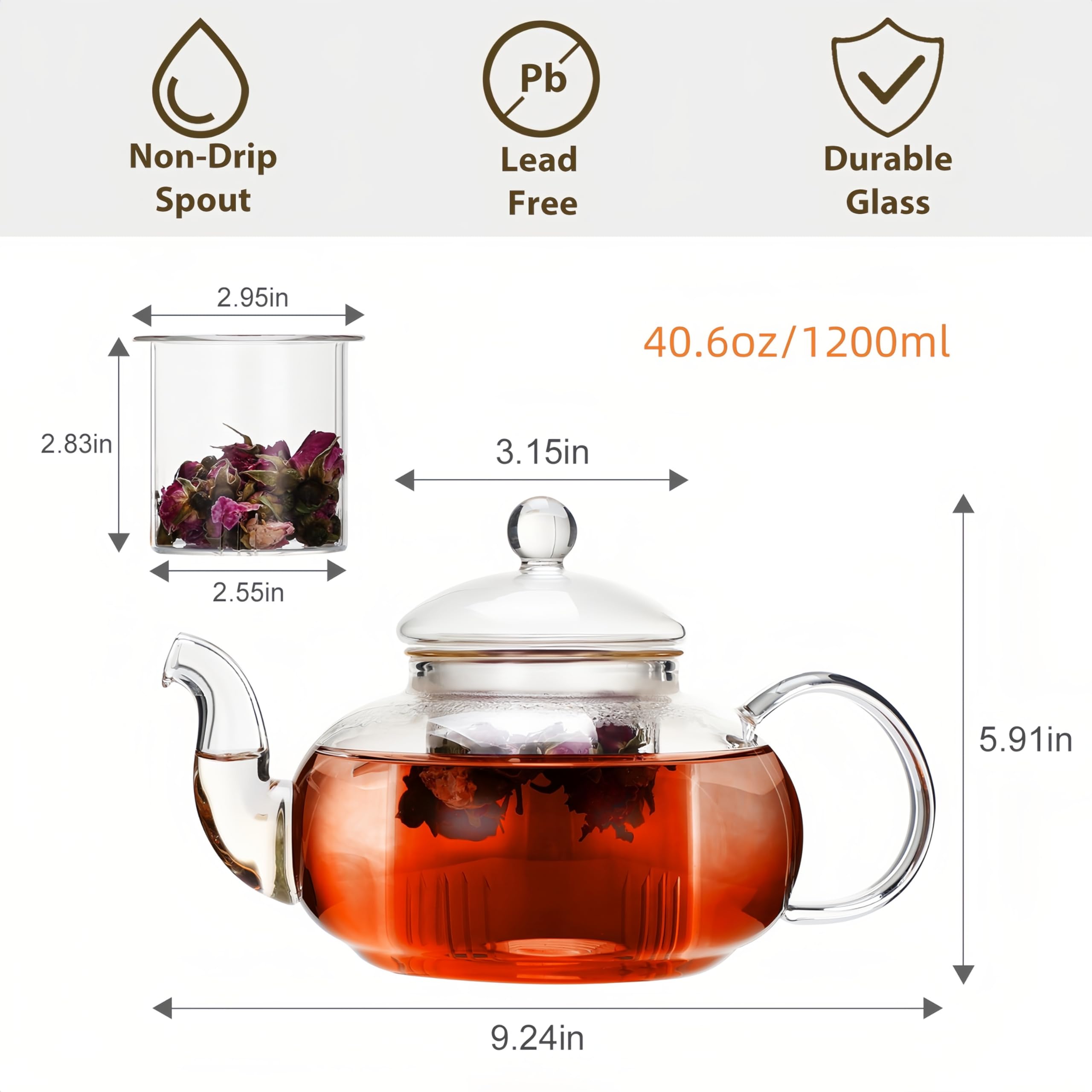 Premium 1200ml Glass Teapot with Removable Infuser - Stovetop Safe Tea Kettle for Blooming & Loose Leaf Tea - Perfect for Home, Office, and Gift Giving