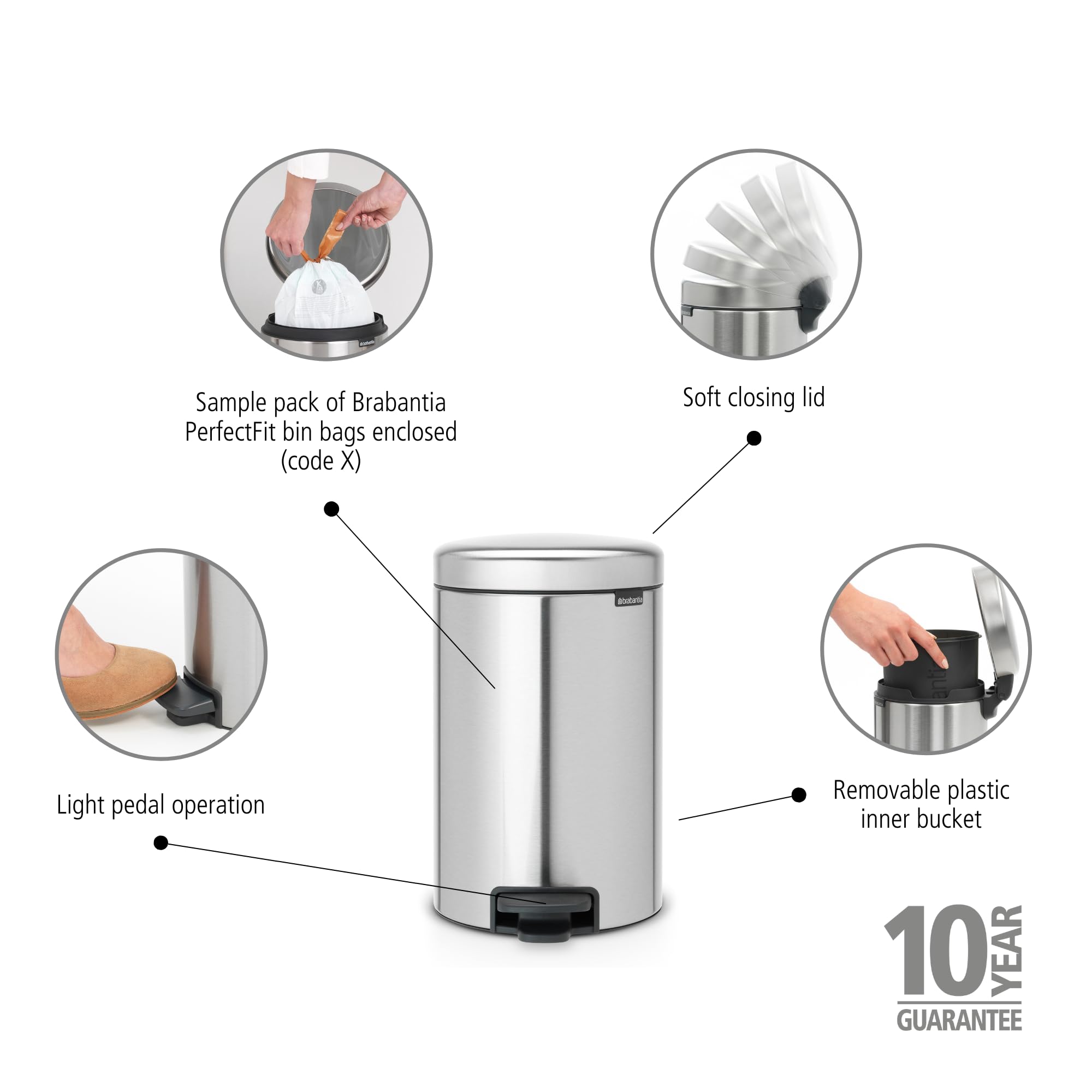 Brabantia New Icon Step Trash Can - 3.2 Gallon Matt Steel Kitchen Garbage Bin with Soft Close Lid & Removable Bucket - Perfect for Recycling & Waste Disposal in Home, Office or Restaurant