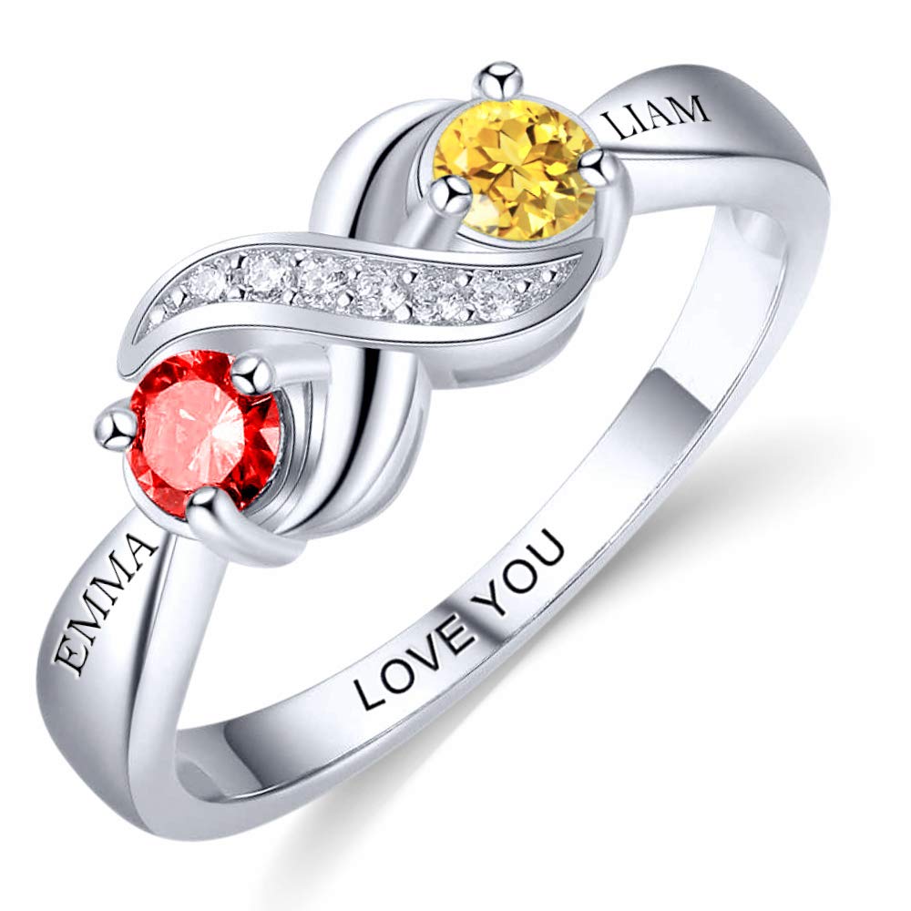 Personalized Sterling Silver Ring with Birthstones - Engraved Infinity Promise Jewelry for Women - Perfect for Anniversaries & Gifts