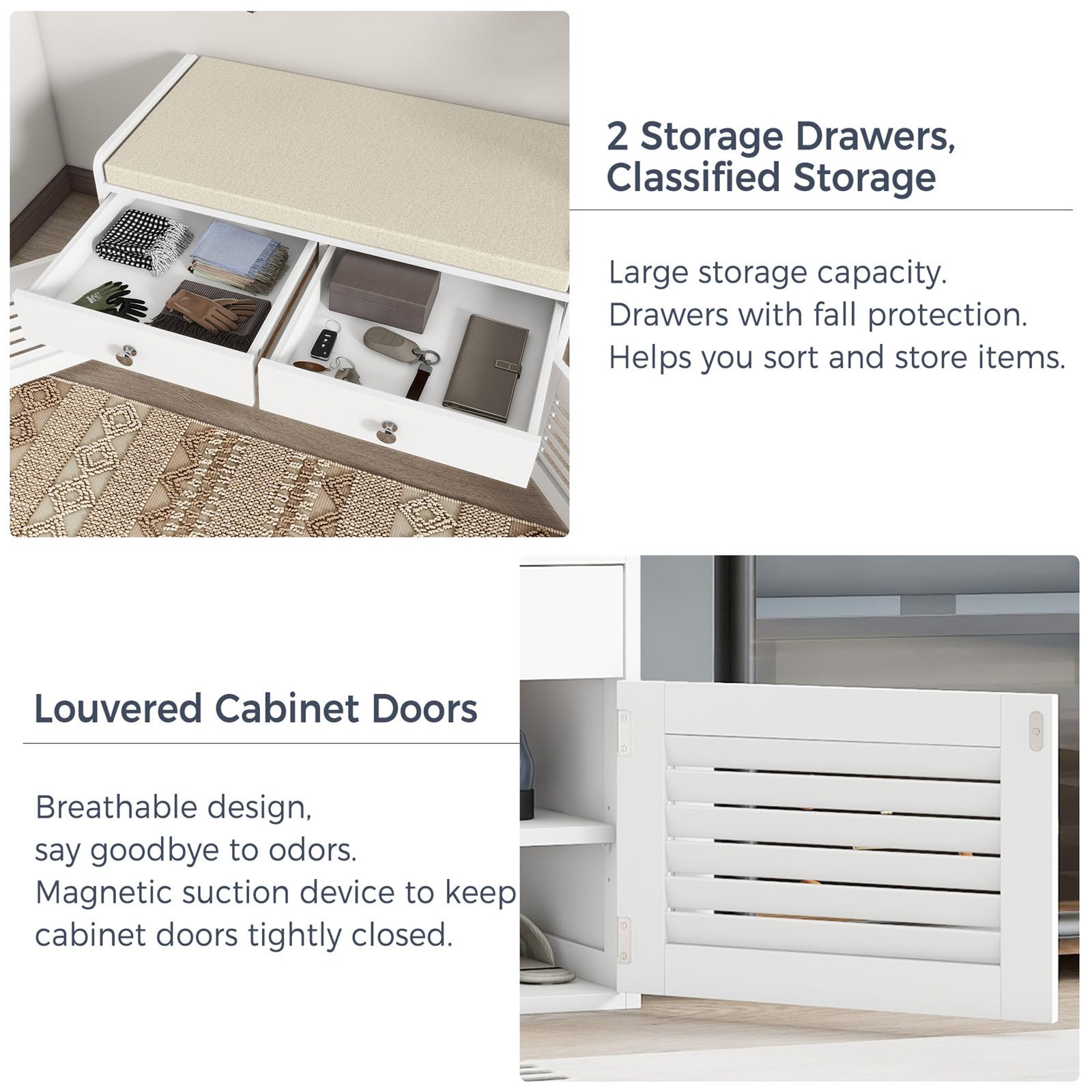 White Shoe Storage Bench with 2 Drawers & 2 Doors - Entryway Bench with Cushion & Adjustable Shelves - Multifunctional Shoe Cabinet for Entryway, Living Room, Hallway, Mudroom, Bedroom - Perfect for Organizing Shoes, Hats & Home Decor Items