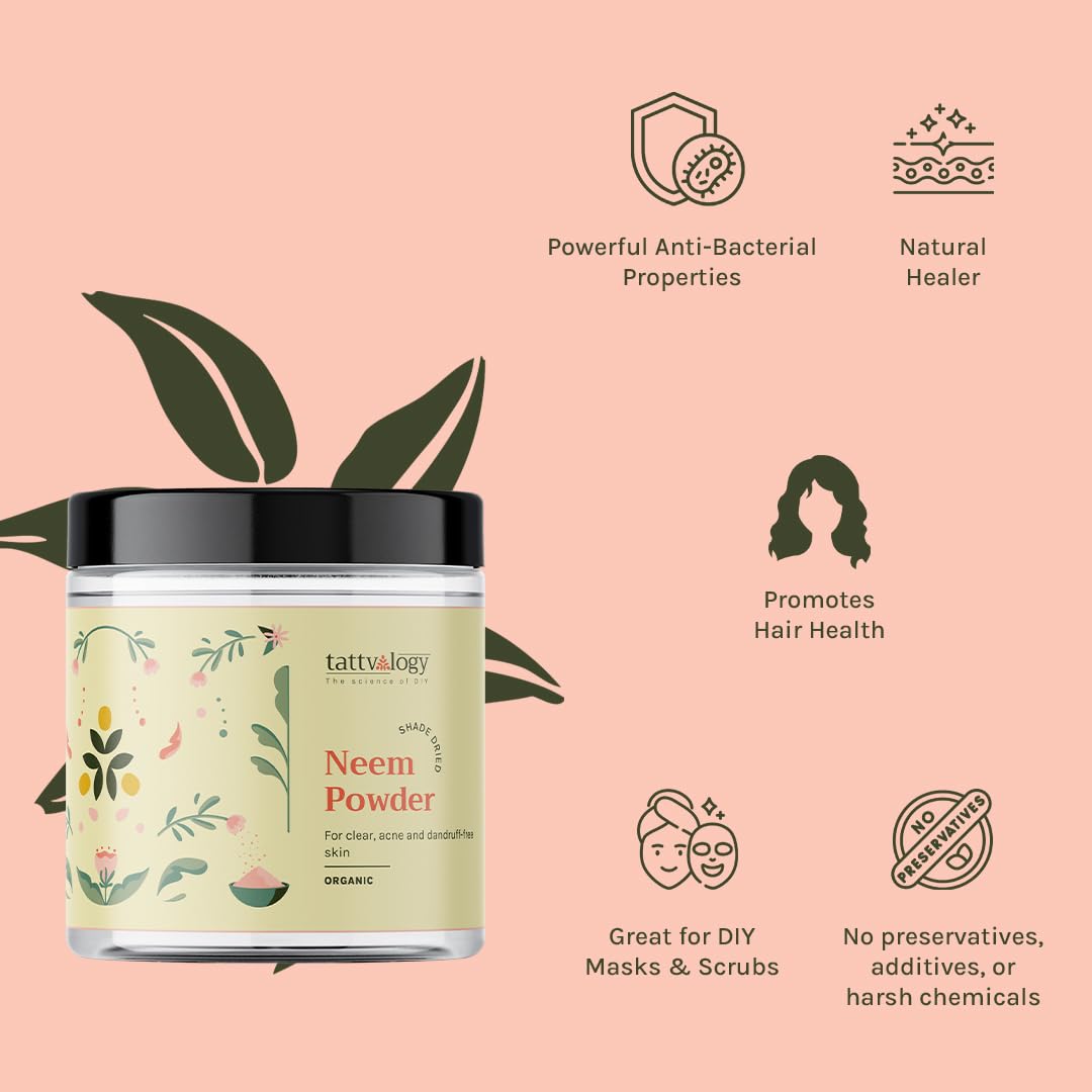 Tattvaogy Organic Neem Powder | 100% Pure Azadirachta Indica Leaf Powder | USDA Certified for Healthy Skin & Hair | Natural Acne & Pimple Treatment | Chemical-Free Hair Pack | Plastic Jar 175g | For Face Masks, Hair Growth & Ayurvedic Remedies