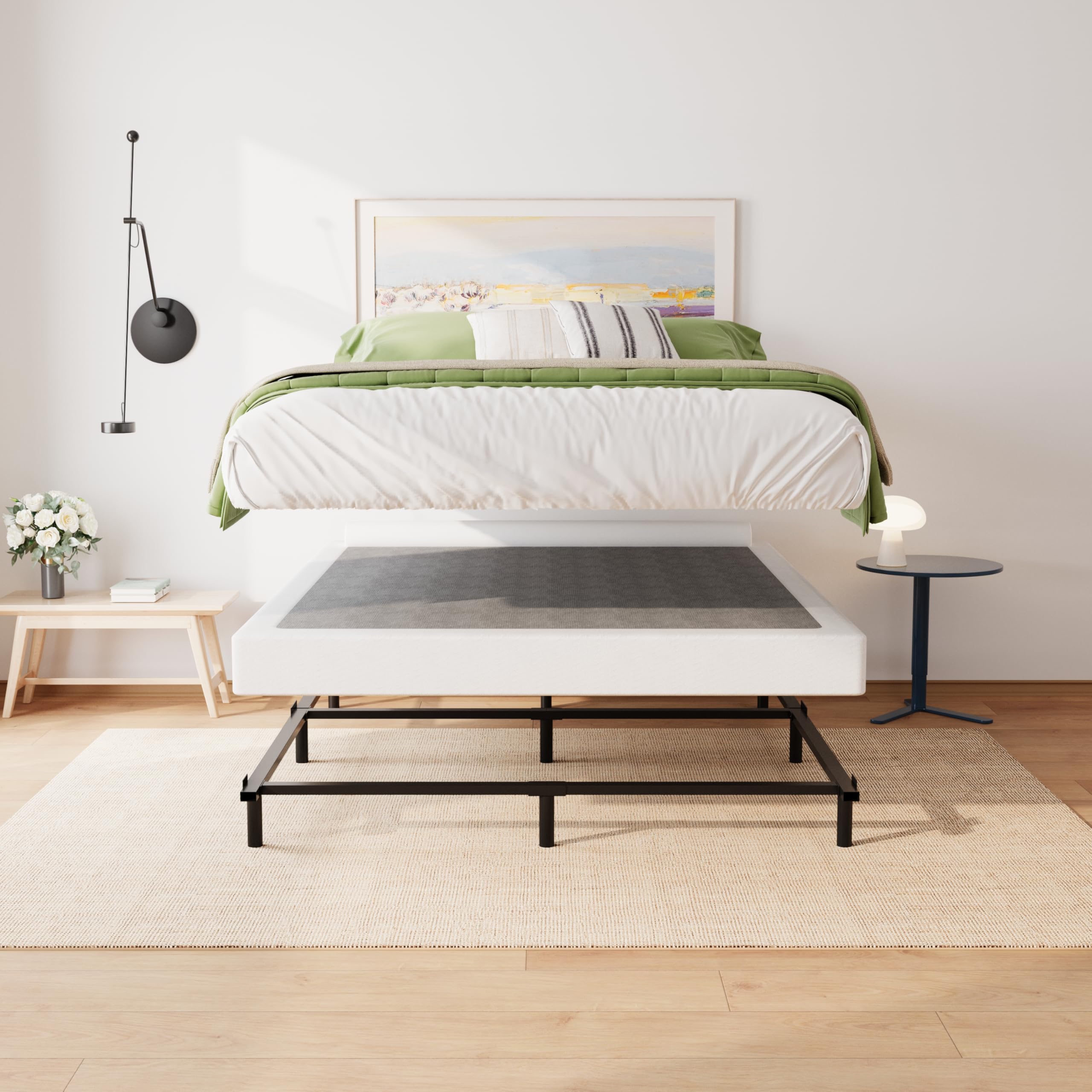 **4 Inch Queen Size Box Spring - Heavy Duty Metal Mattress Foundation with Fabric Cover - Easy Assembly & Squeak Resistant - Perfect for Bedroom, Guest Room, or Dorm**