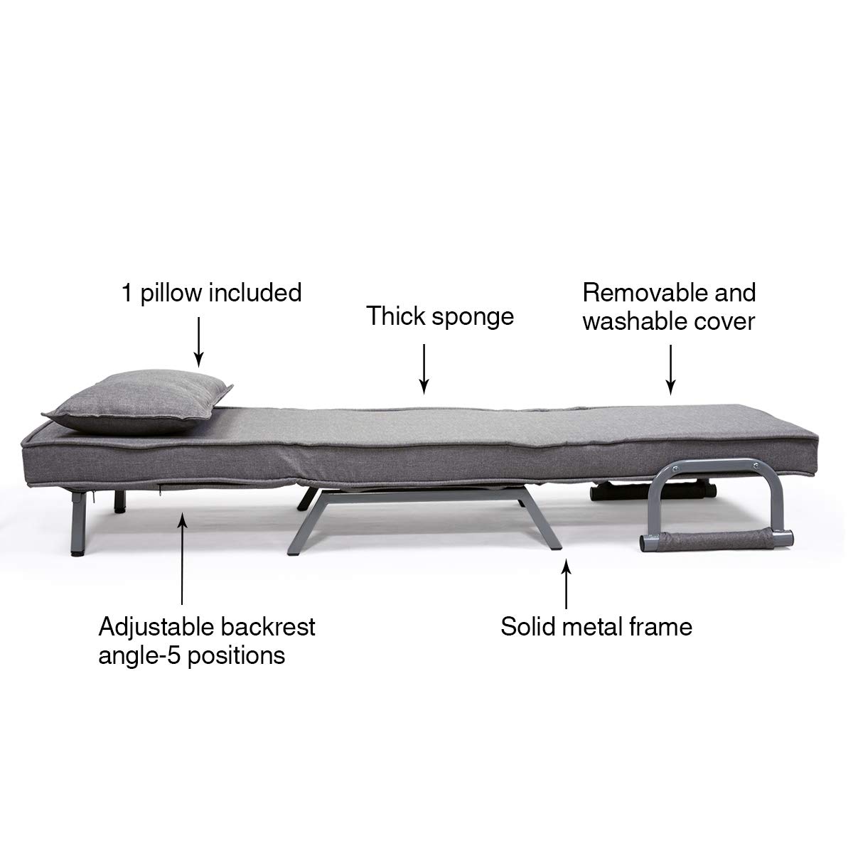 Convertible Sofa Bed Folding Arm Chair - 5-Position Adjustable Recliner Lounge Sleeper with Pillow for Home, Office, Apartment - Perfect for Small Spaces, Guest Rooms & Relaxation (Gray)