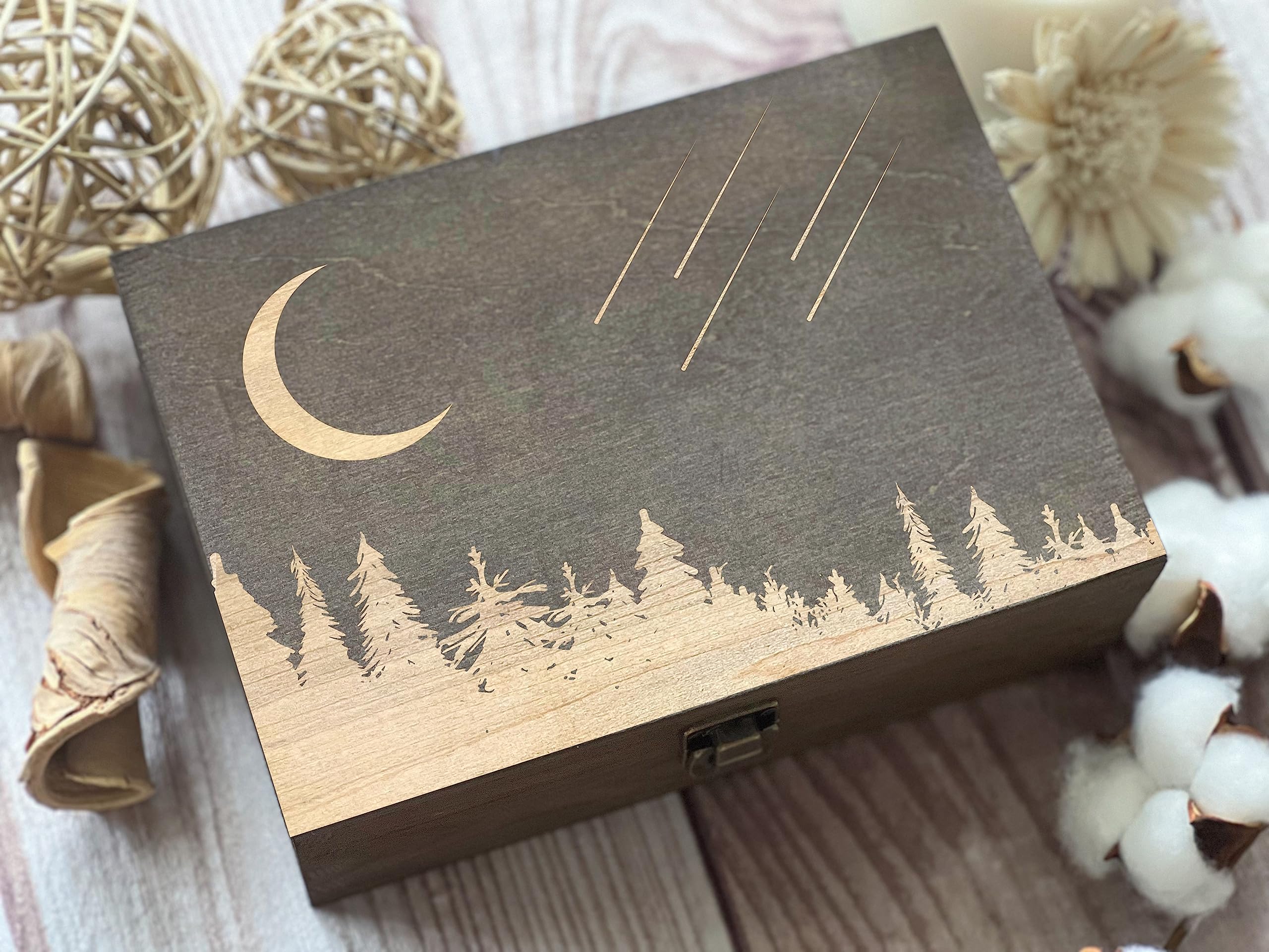 Celestial Charm Wooden Jewelry Box with Crescent Moon & Falling Stars Design - Perfect Gift for Friends, Family, Birthday & Keepsake - Ideal for Storing Rings, Necklaces & Small Treasures