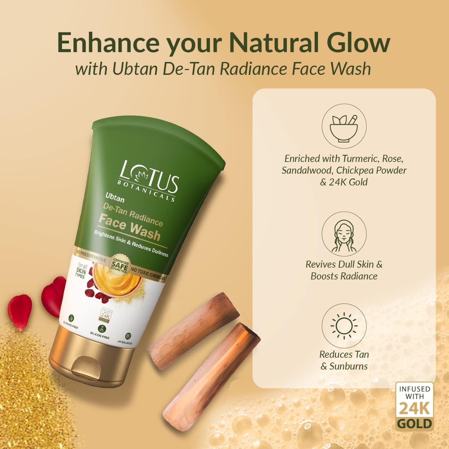 Lotus Botanicals Ubtan De-Tan Radiance Face Wash with 24K Gold - Brightening & Glowing Skin Care | Tan Removal | Silicone, Sulfate, Paraben & Toxin Free | Non-Comedogenic | 100ml | Perfect for Daily Cleansing & Sun-Damaged Skin Recovery
