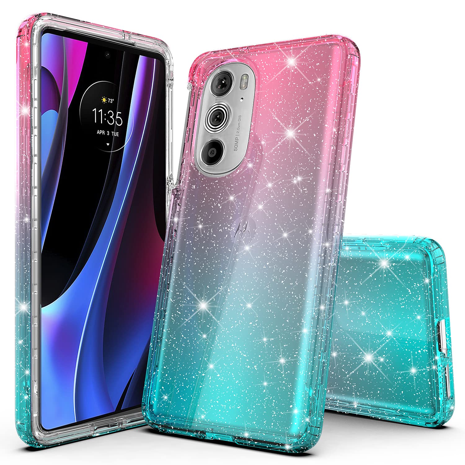 Rosebono Glitter Case for Motorola Edge Plus 2022 - Pink/Teal Hybrid Cover for Daily Protection