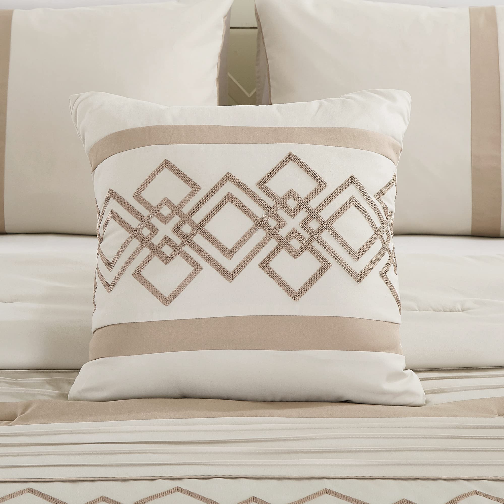Chezmoi Collection Ariel 7-Piece Taupe Geometric Chenille Embroidery Pleated Striped Comforter Bedding Set Queen Size - Soft Luxury Bedroom Decor for Modern Homes & Guest Rooms