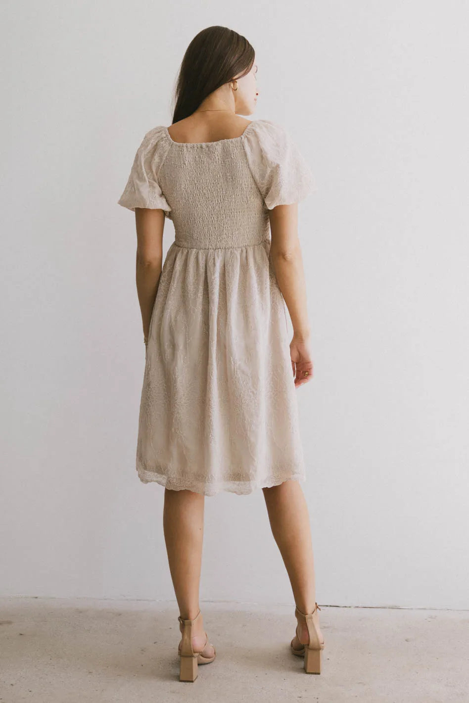 Karrie Embroidered Midi Dress in Champagne - Elegant Floral Summer Dress for Women | Perfect for Weddings, Parties & Date Nights | FINAL SALE