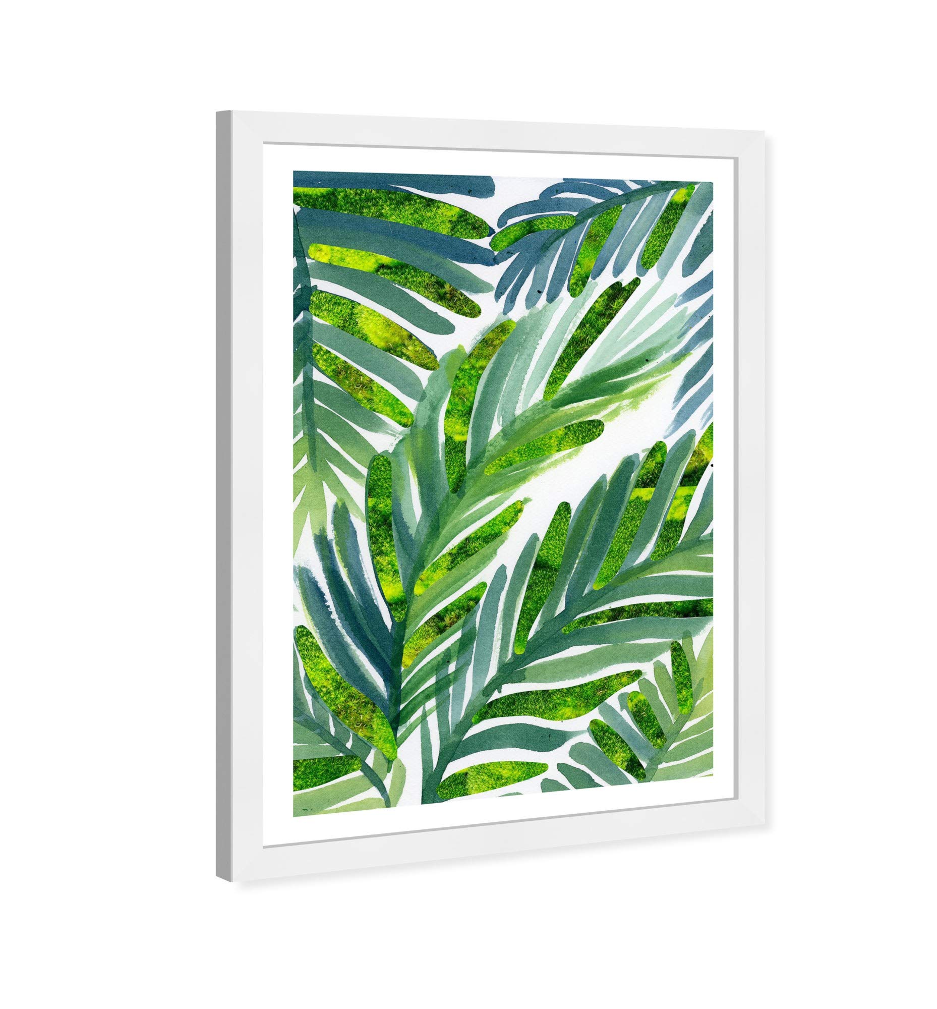 Wynwood Studio Floral Wall Art Framed Print 'Hojas de Palma Moss' - 13x19 Inch Botanical Home Decor in Green & White - Perfect for Living Room, Bedroom or Office Decoration