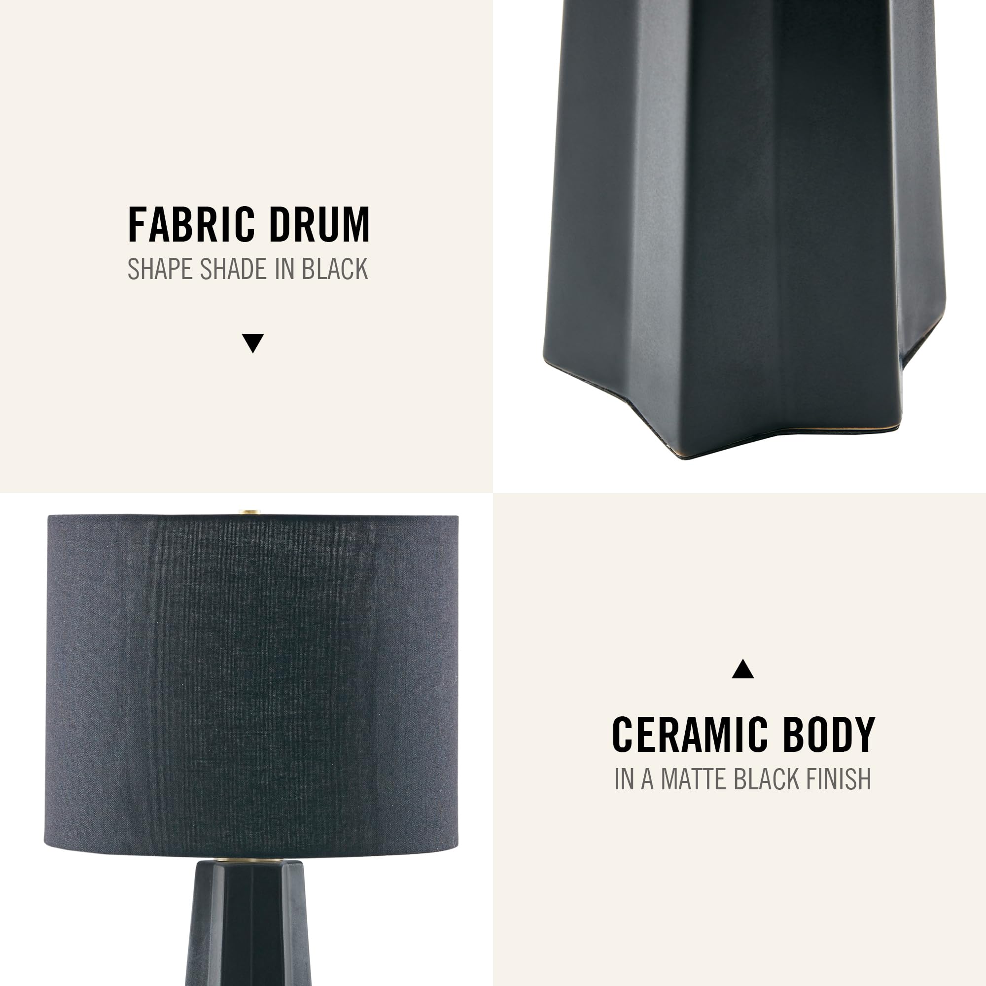 INK+IVY Matte Black Ceramic Table Lamp - Modern Geometric Nightstand Lamp with Linen Drum Shade, Fluted Design, Rotary Switch & Polarized Plug, 22
