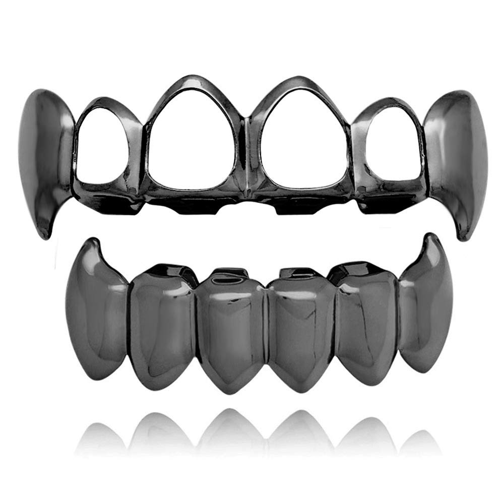 18K Gold Plated 4 Open Face Grillz Teeth - Top & Bottom Grill Set for Men and Women | Hip Hop Jewelry, Rap Style Accessories for Concerts & Parties
