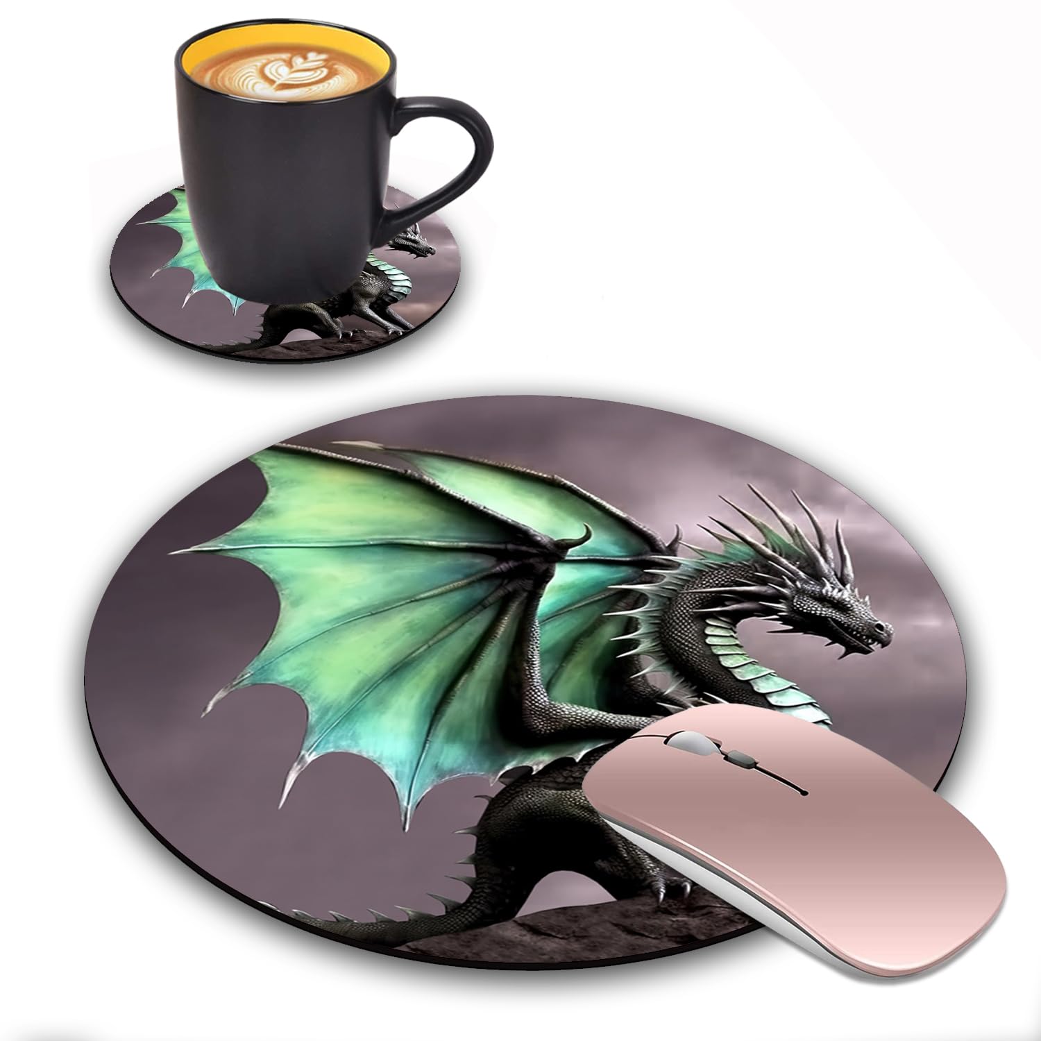 LACOMA Dragon Design Round Mouse Pad and Coasters Set - Non-Slip Rubber Base for Laptop & Computer - Cute Desk Accessories for Gaming, Office & Home Decor