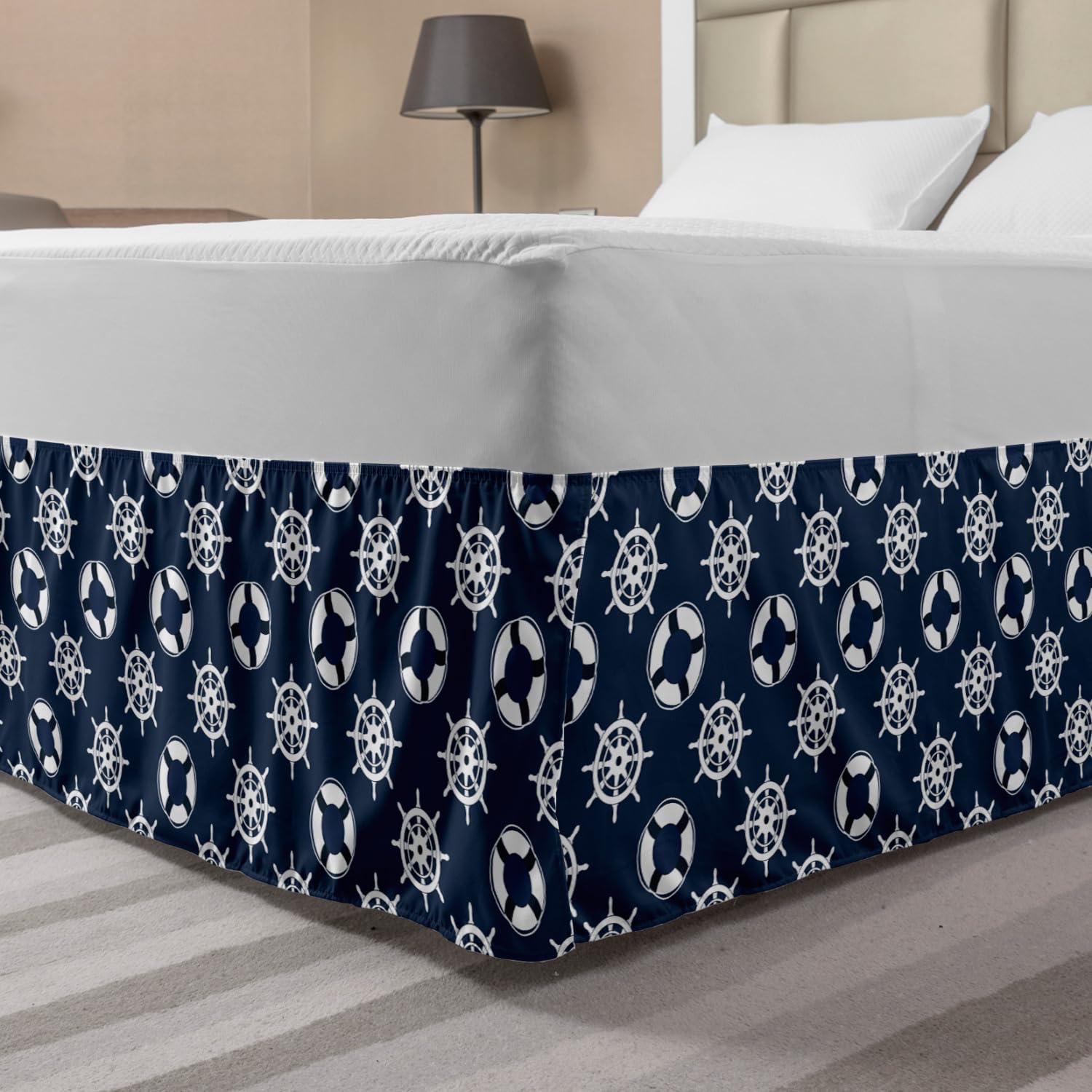 Ambesonne Nautical Blue Bed Skirt - King Size Elastic Dust Ruffle Wrap Around with Summer Marine Anchor & Wheel Design - Blue and White Striped Bedding Decor for Coastal or Beach Themed Bedrooms