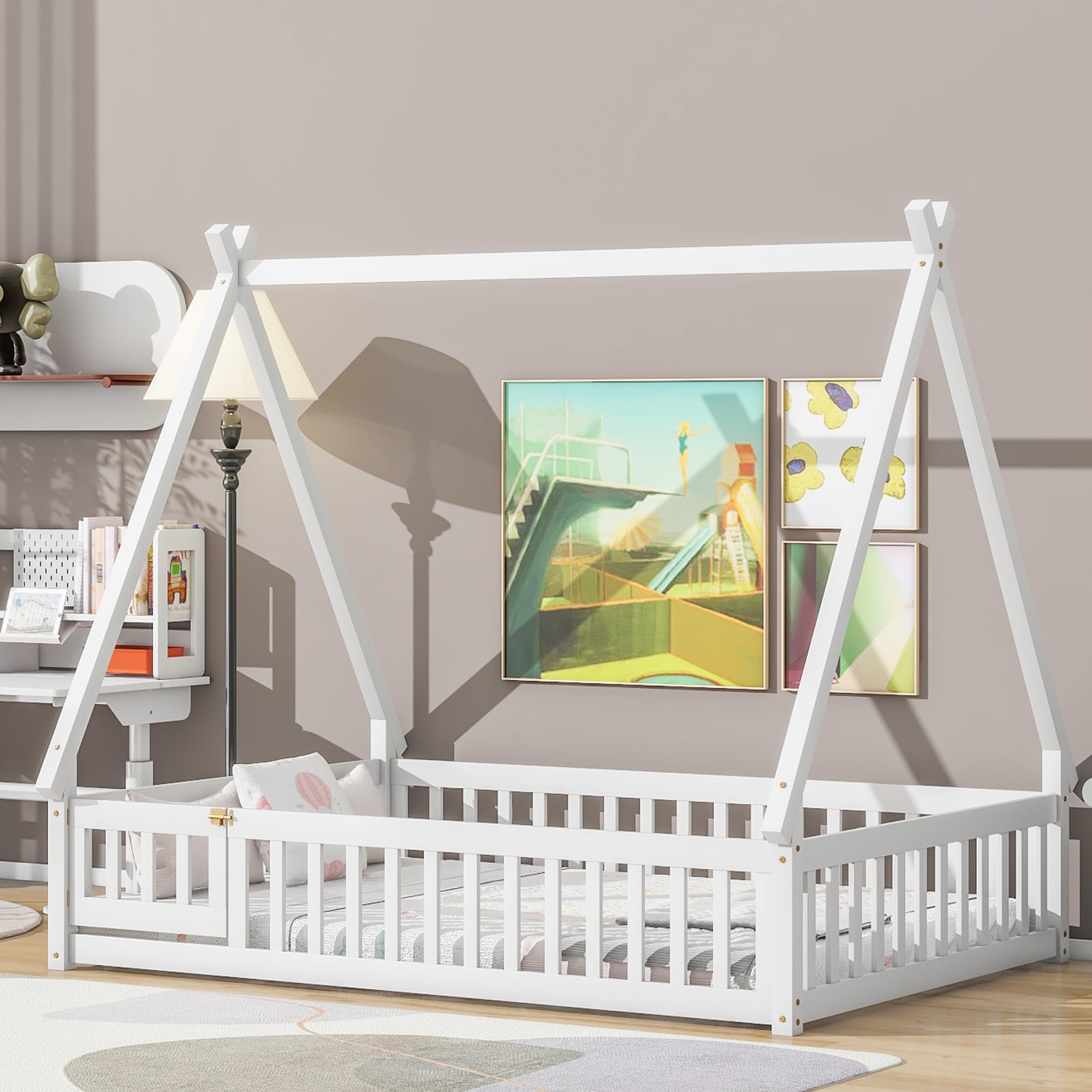 Montessori Full Size House Bed with Safety Guardrails & Door - Sturdy Platform Floor Bed Frame for Kids, Girls & Boys - Grey & White Options - Perfect for Toddler Rooms, Playrooms & Montessori Learning Spaces