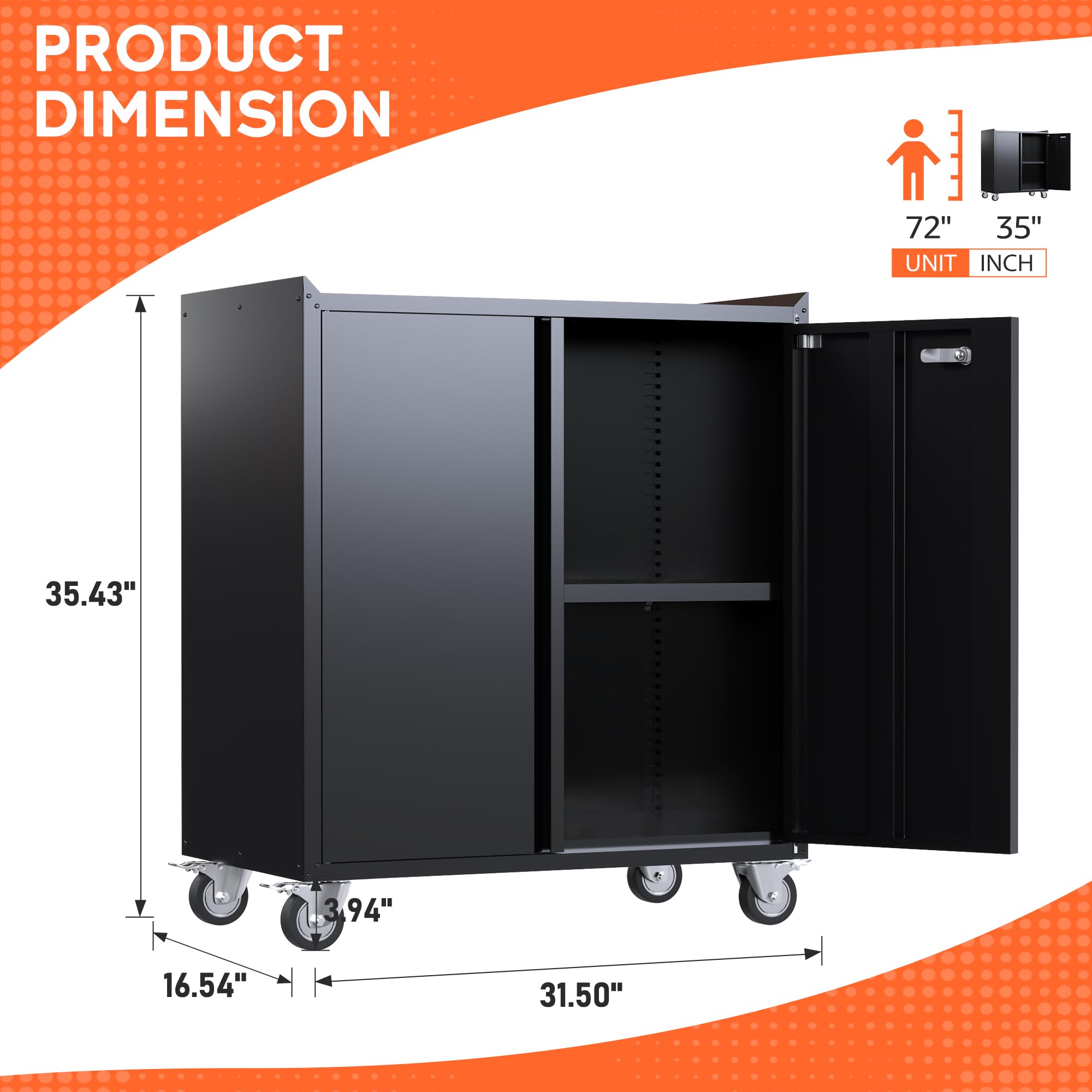 Aobabo 2-Door Heavy Duty Metal Tool Storage Cabinet with Wheels - Locking Steel Rolling Tool Chest for Garage Organization, Includes 1 Adjustable Shelf (Assembly Required) - Perfect for Workshop, Garage, and Industrial Tool Storage