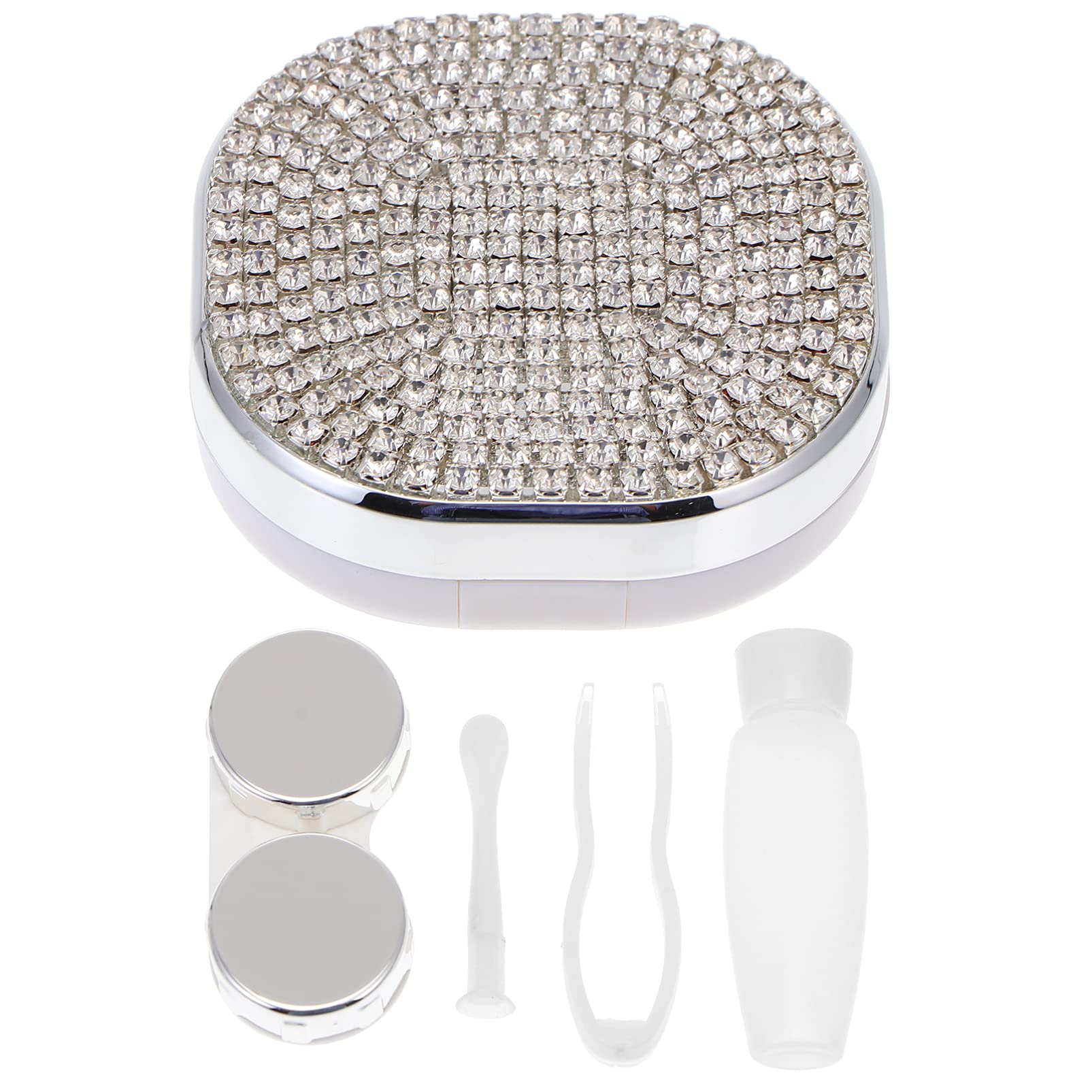 Healifty Rhinestone Contact Lens Case with Mirror & Tweezer - Travel Kit for Eye Care