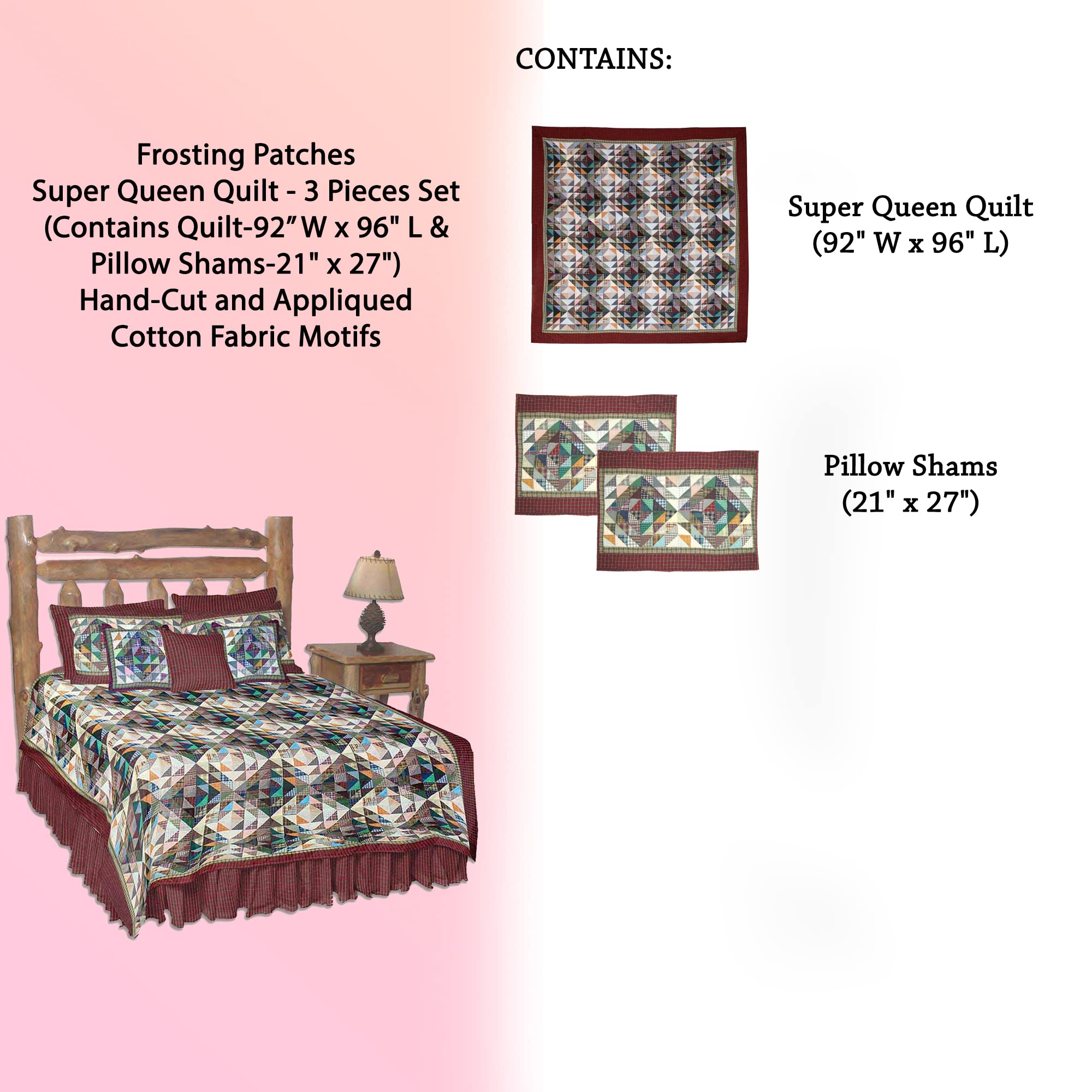 Super Queen Quilt Set - 3 Piece Handmade Patchwork Cotton Bedding (92
