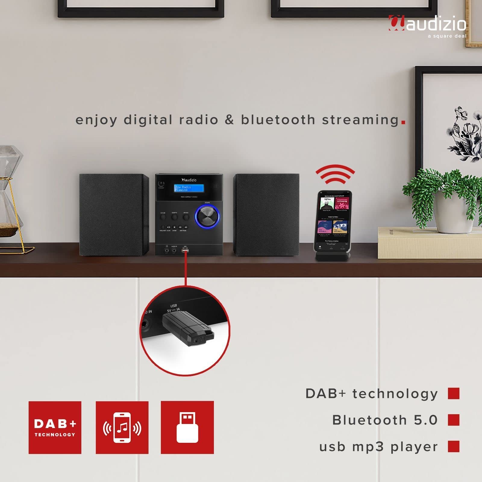 Audizio Metz HiFi Stereo System with DAB+ Digital Radio | Bluetooth 5.0 Wireless Streaming | CD Player & USB MP3 Playback | LCD Display & Remote Control | Bookshelf Speakers (Black) - Perfect for Home Audio & Entertainment Systems