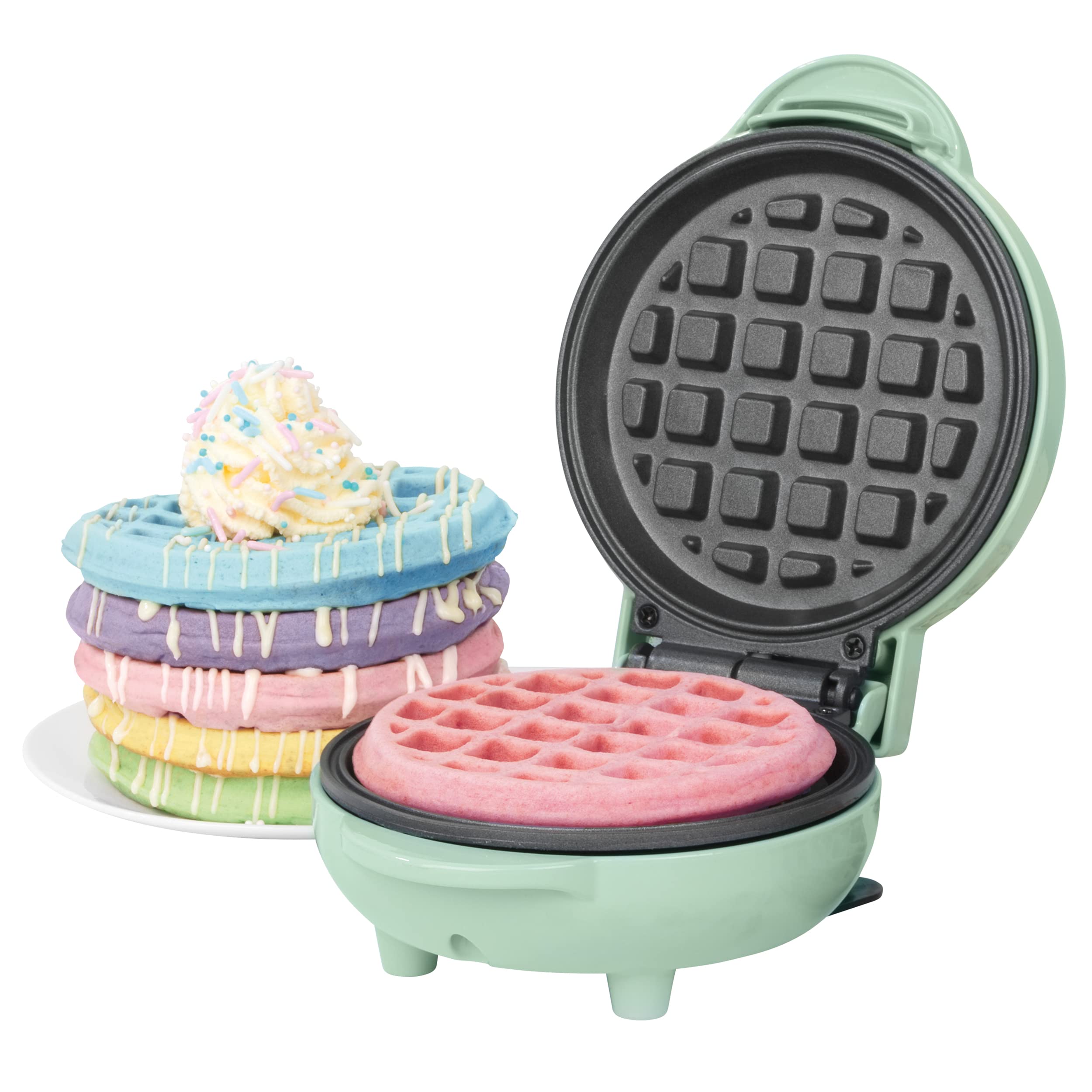 Giles & Posner EK4214GSGR Mini Waffle Maker – Non-Stick Belgian & American Waffle Iron Machine, Compact 11.5cm Round Cooking Plate, Perfect for Breakfast, Desserts, Snacks – Pastel Green