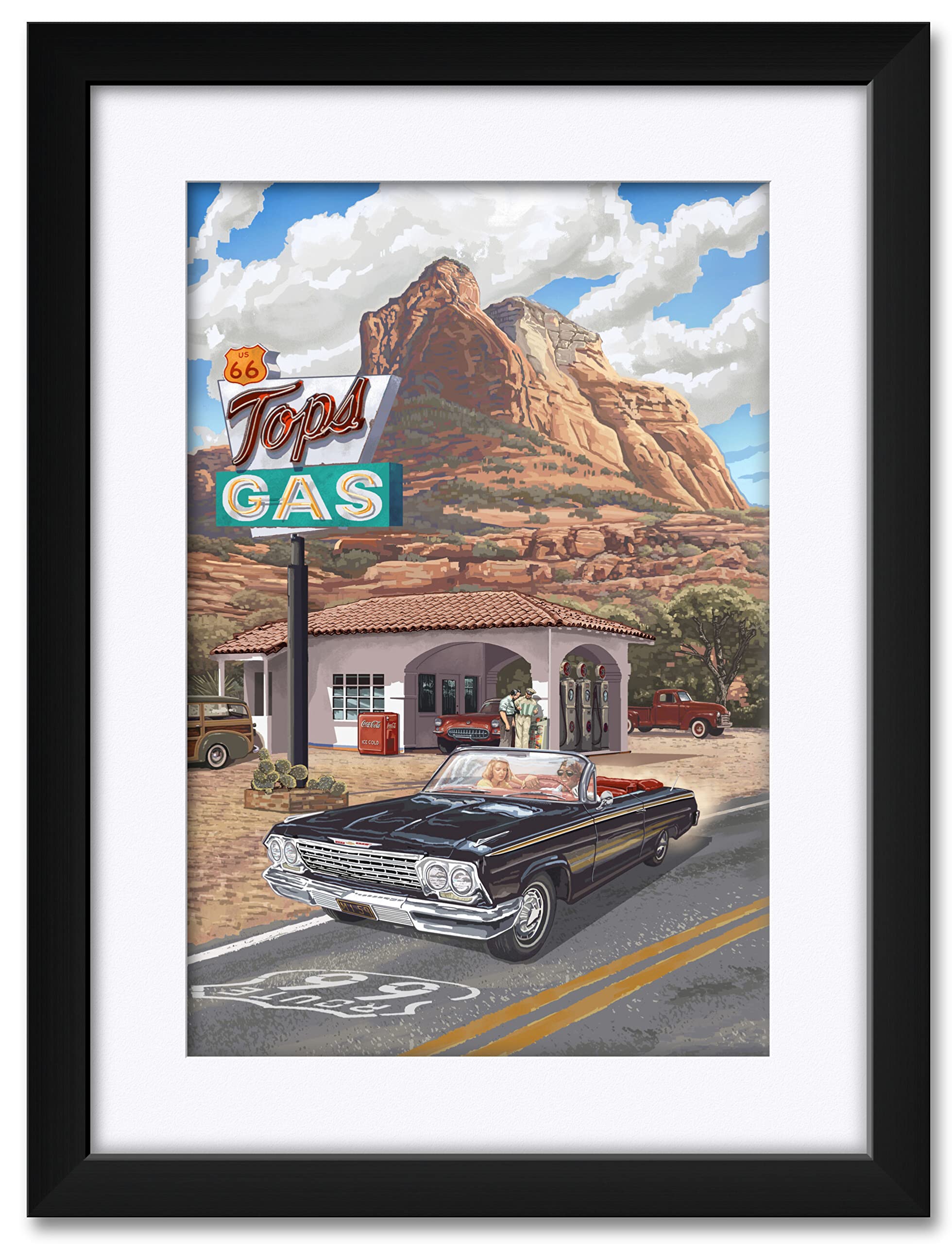 Vintage Route 66 Framed Wall Art Print - 18x24 Inch Travel Poster by Artist Paul A. Lanquist - Professionally Matted & Framed Retro Road Trip Decor for Living Room, Office or Man Cave