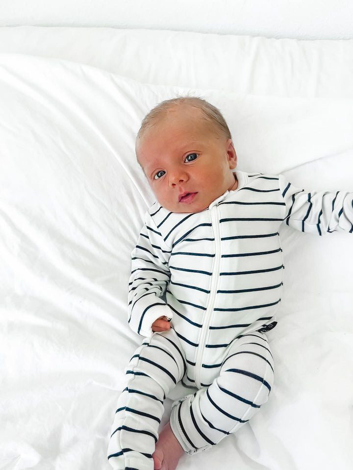 LB x Baby Breez Long Sleeve Pinstripe Romper Pajamas for Boys & Girls - Soft Cotton Sleepwear, White and Black Striped - Perfect for Bedtime, Lounging & Family Photos