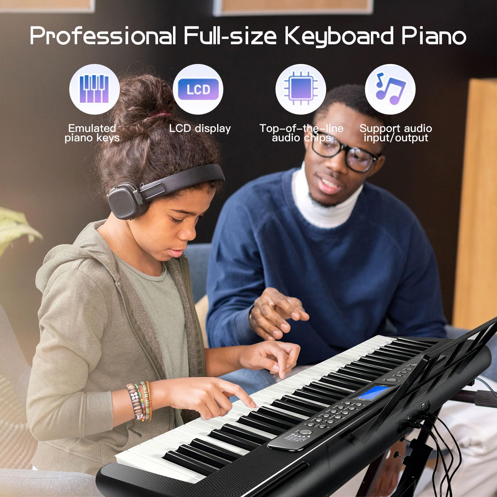 AQNIEGEP Pro 61-Key Electric Keyboard Piano with LCD Display & Sustain Pedal - Full-Size Digital Piano with Stand, Bench, Headphones, Mic - 200 Timbres, 80 Demo Songs, 128 Rhythms - Perfect for Beginners, Professionals & Home/Studio Use