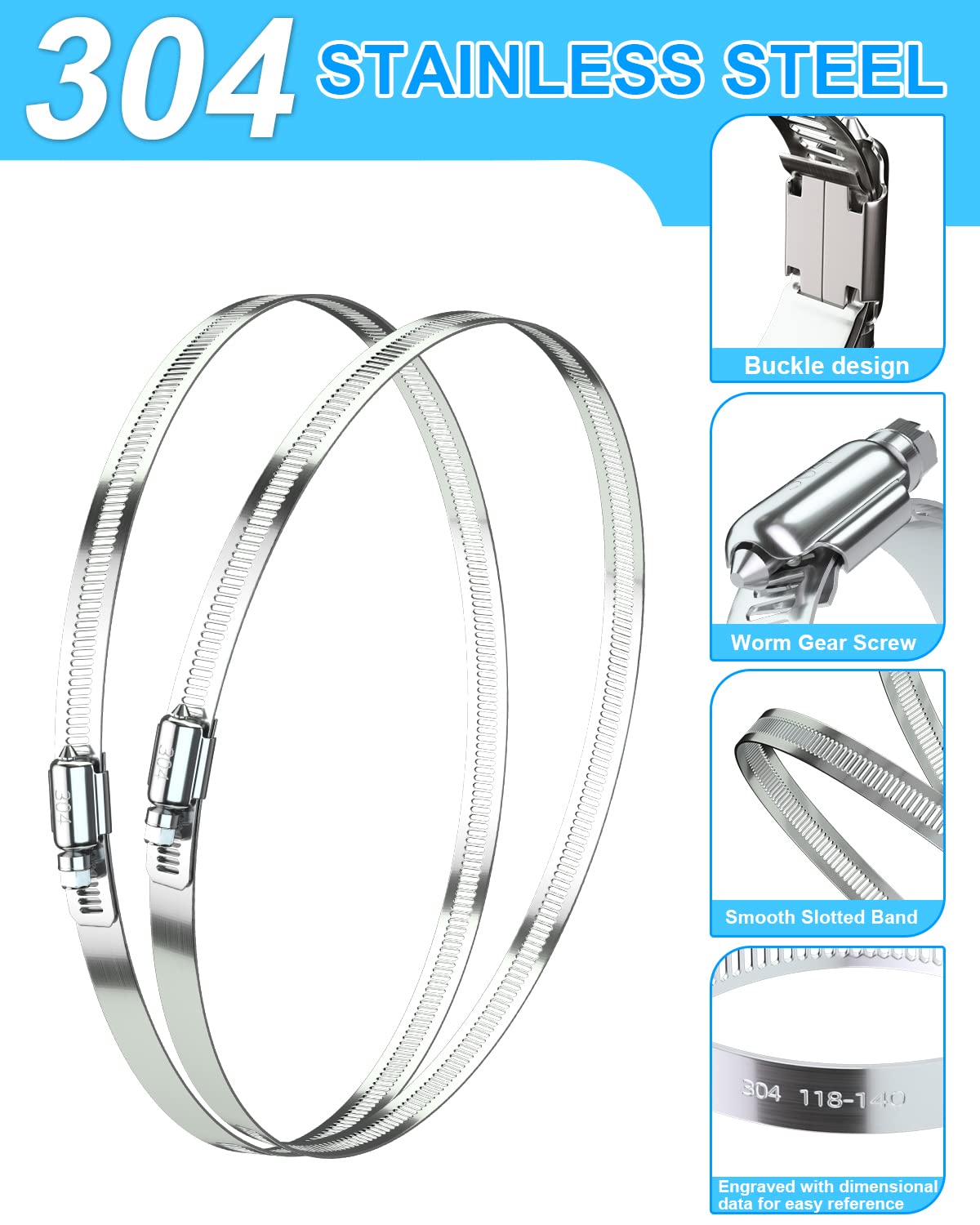 10PCS 5 Inch 304 Stainless Steel Worm Gear Hose Clamp Set - Heavy Duty Fuel Line, Dryer, Intercooler, Garden Water Pipe & Washing Machine Clamps (4-1/2