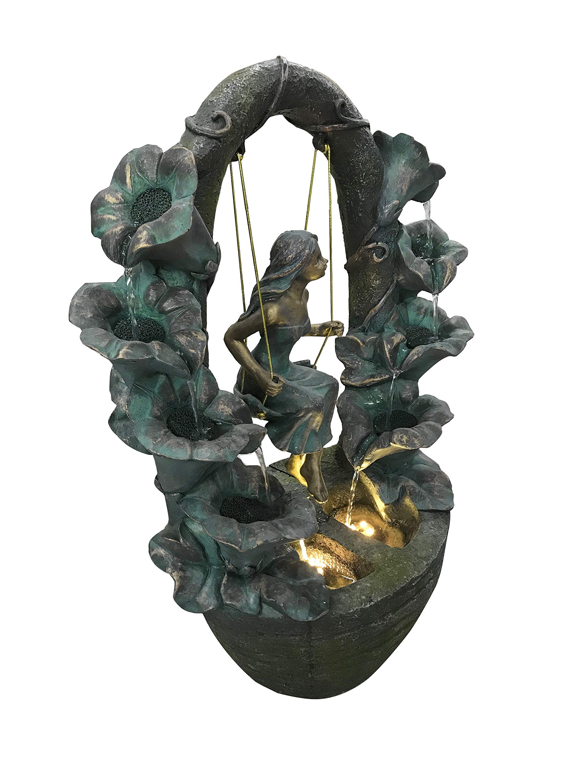 Hi-Line Gift Ltd. Outdoor LED Swing Girl Fountain Statue - 2 Warm White Lights, Grey/Natural Stone Finish - Perfect for Garden Decor, Patio, Yard & Landscape Lighting