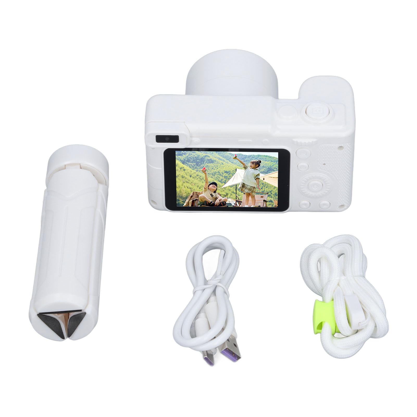 4K Kids Digital Camera with Foldable Tripod & IPS Screen - 8X Digital Zoom, Auto Light Fill - Compact Travel Camera for Hiking, Camping, Birthday Gifts & Outdoor Adventures (White)